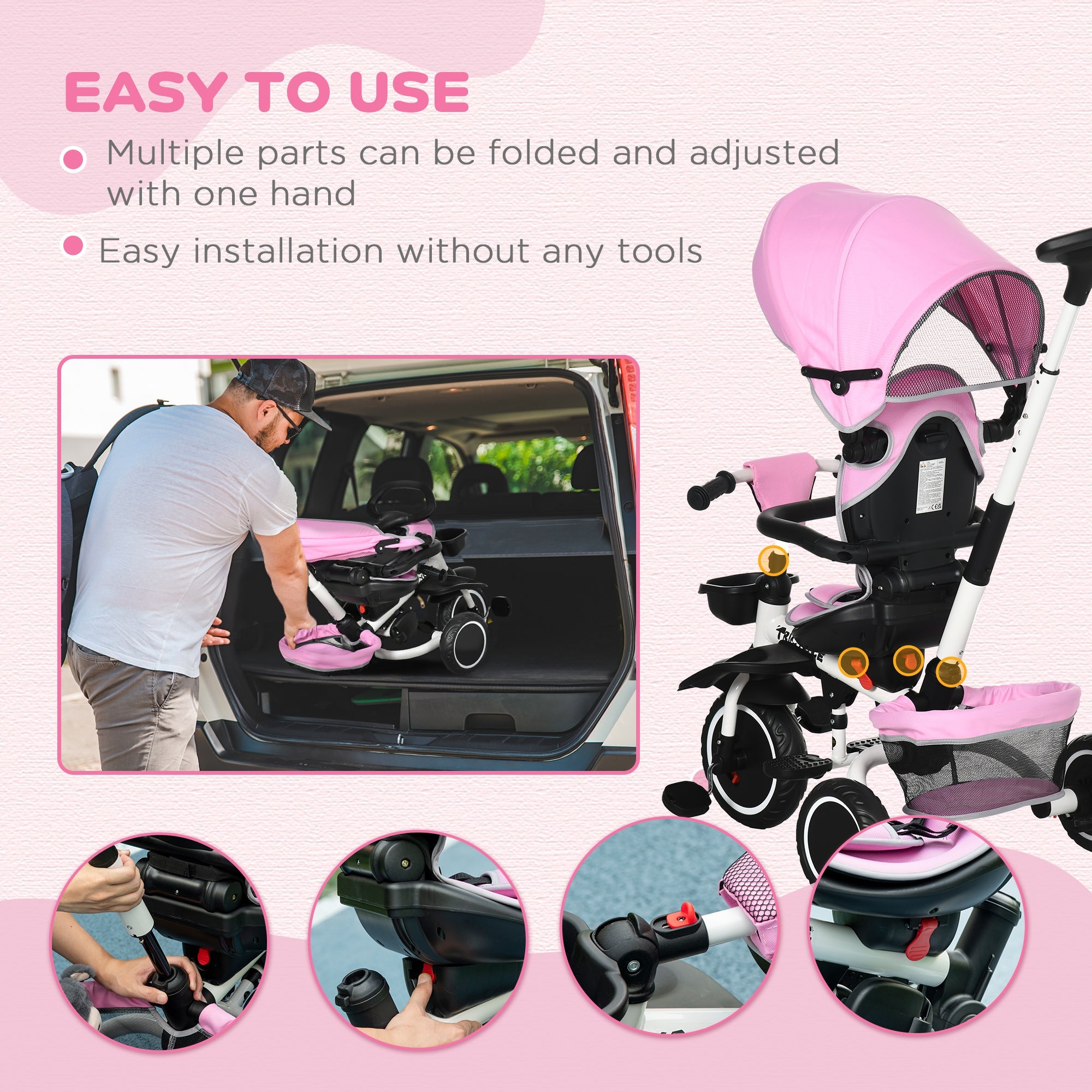 Aosom 7-in-1 Toddler Tricycle: Kids Trike with Rotatable Seat, Push Handle, Safety Harness, Canopy, Footrest 