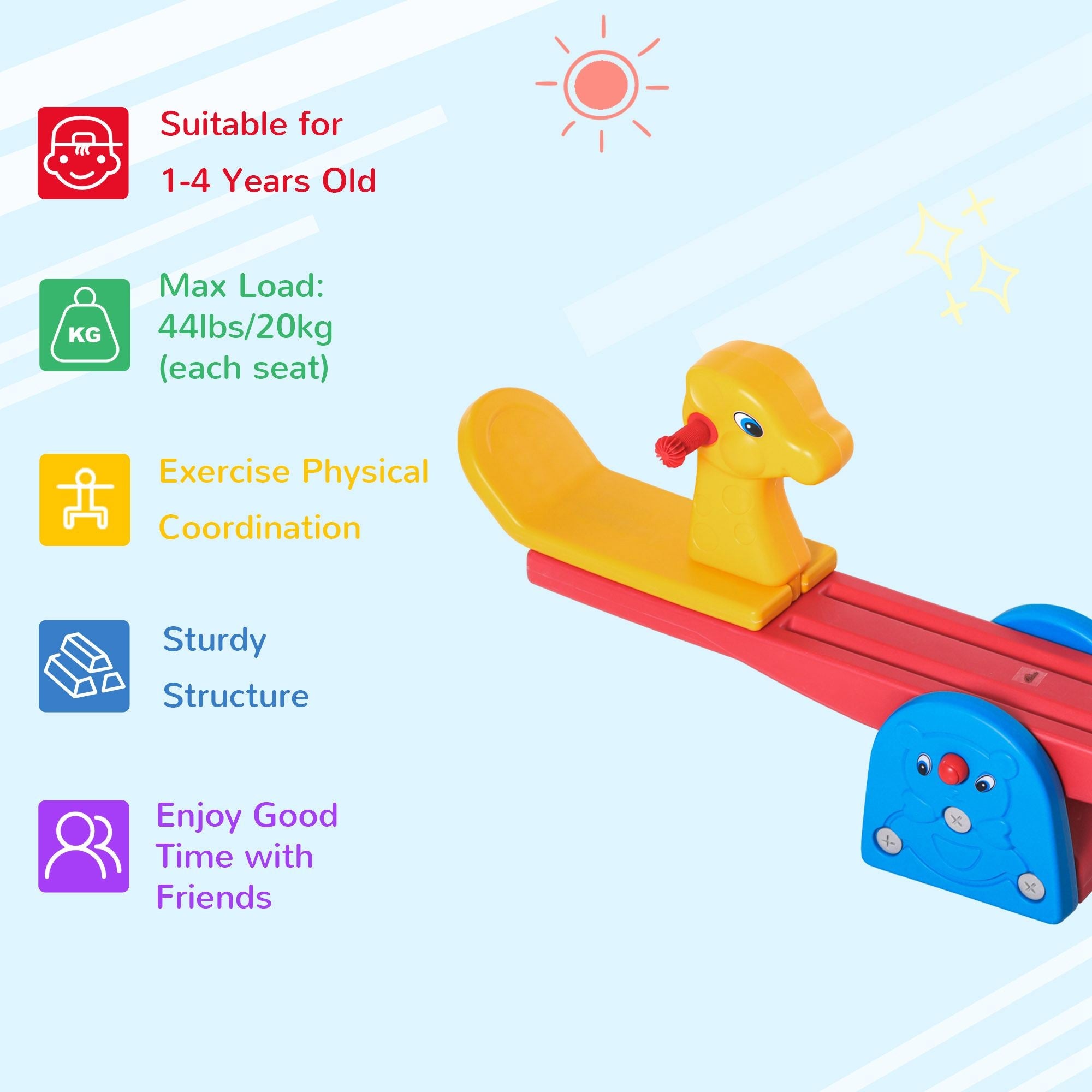 Qaba Kids 2-seat Seesaw Safe Teeter Totter with Handles for Indoor Outdoor Playroom Backyard 1-4 Years Old 
