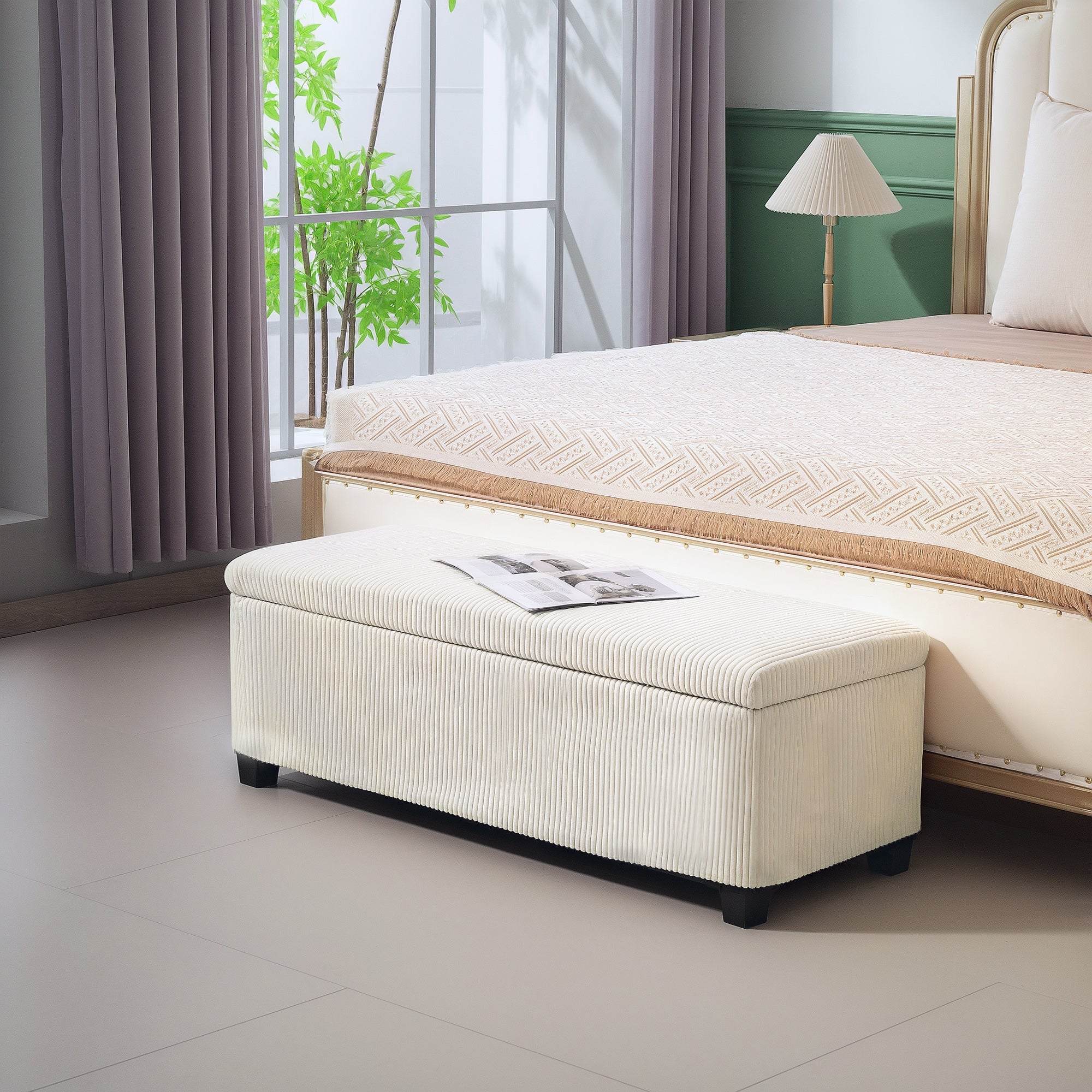 HOMCOM 44 Inches Ottoman with Storage, Lid, Legs, Corduroy End of Bed Bench for Living Room, Bedroom, Entryway, Beige 