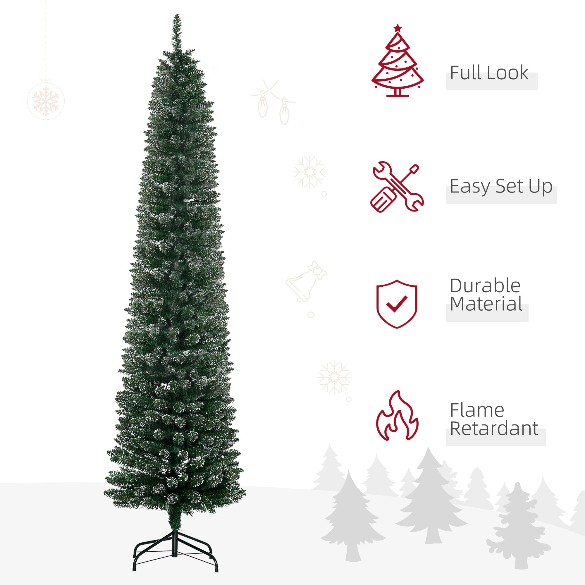 HOMCOM 7.5FT Artificial Snow Dipped Christmas Tree Xmas Pencil Tree Holiday Home Indoor Decoration with Foldable Black Stand, Green 