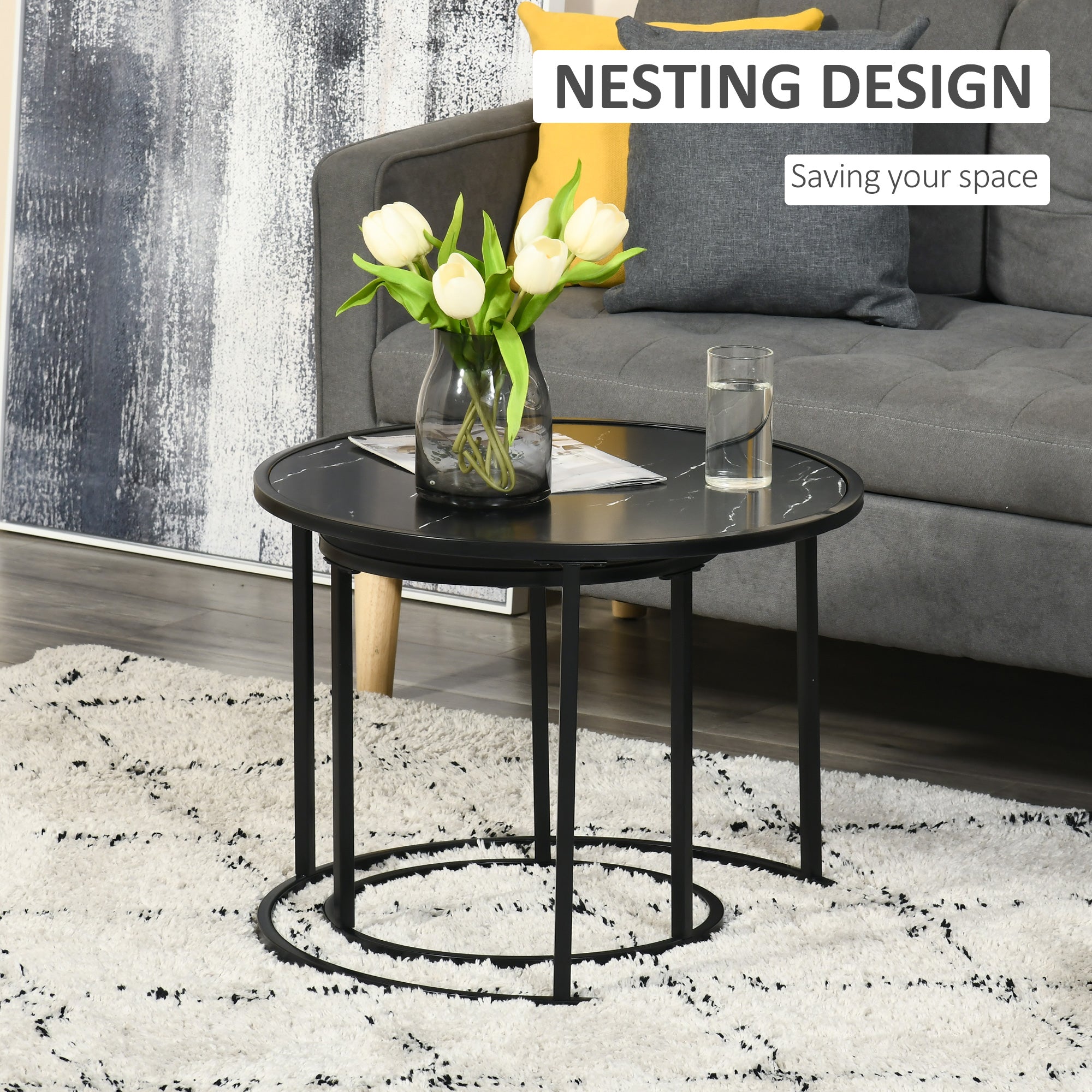 Homcom Black Nesting Coffee Tables: Round Set of 2 with Faux Marble Top & Metal Frame for Modern Style 