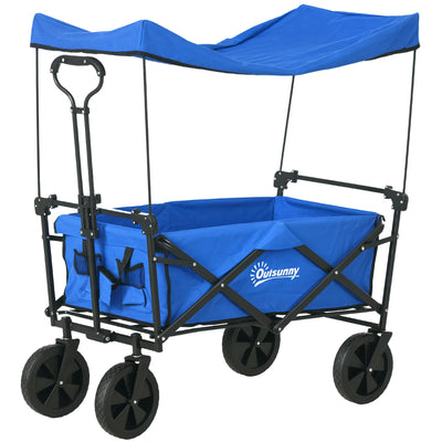 Outsunny Steel Frame Folding Garden Cart, Collapsible Wagon Cart with Removable Canopy, Telescopic Handle and Carrying Bag, Dark Blue 