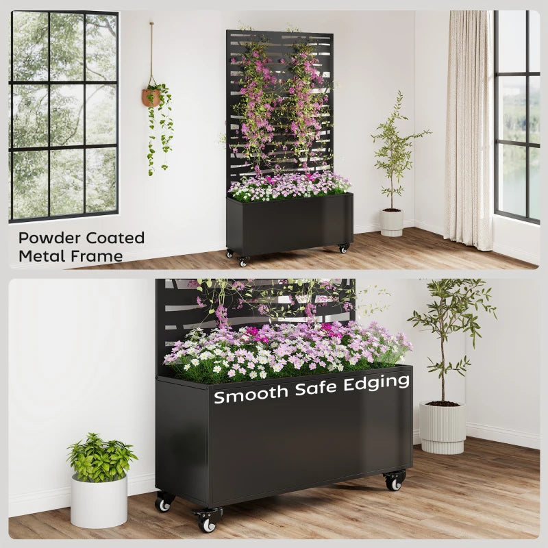 Metal Planter Box with Trellis, Raised Garden Bed with Twigs Slatted Cut-Out Privacy Screen and Wheels