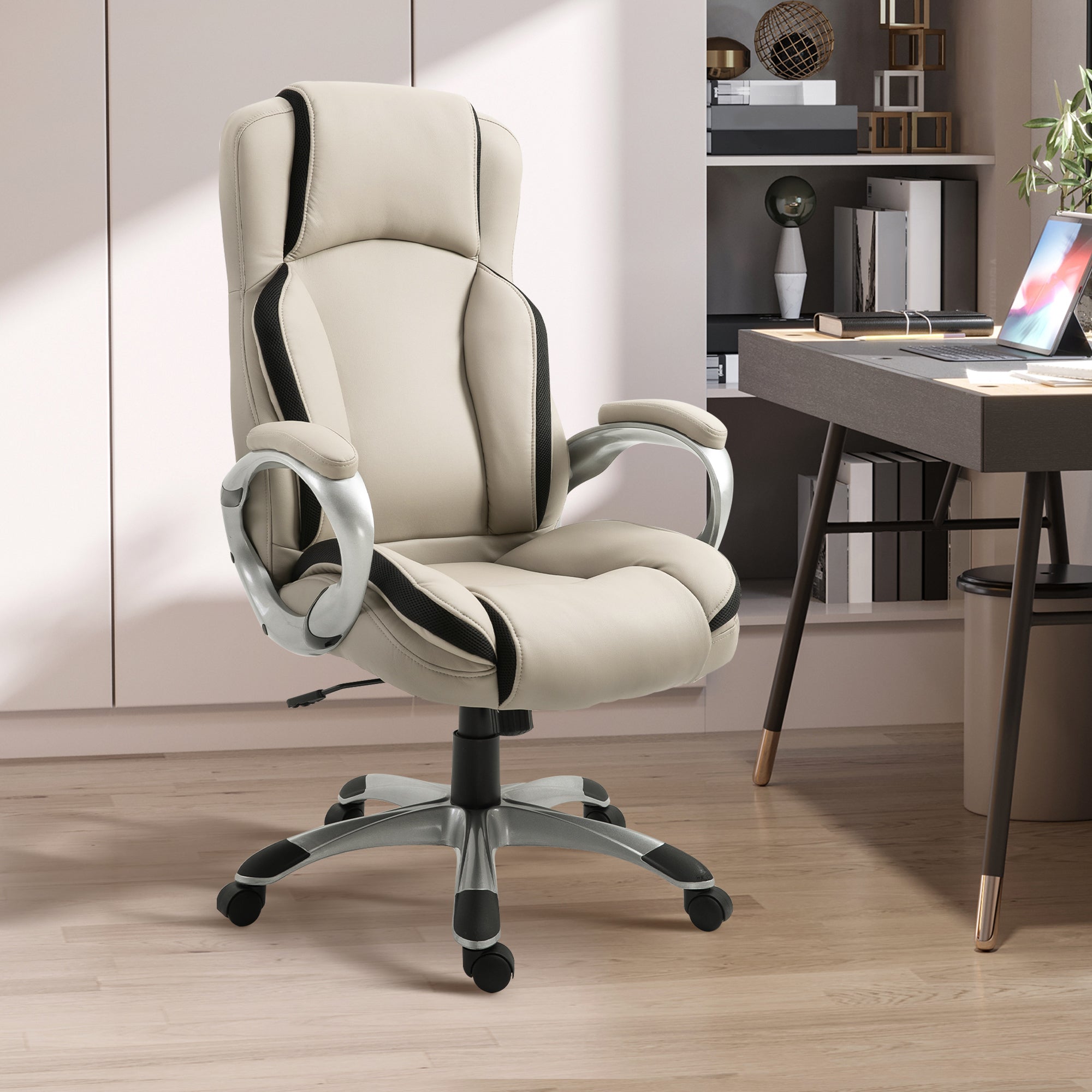 Vinsetto Executive Desk Chair: 360° Swivel, PU Leather with Double Padding, Greige & Black 