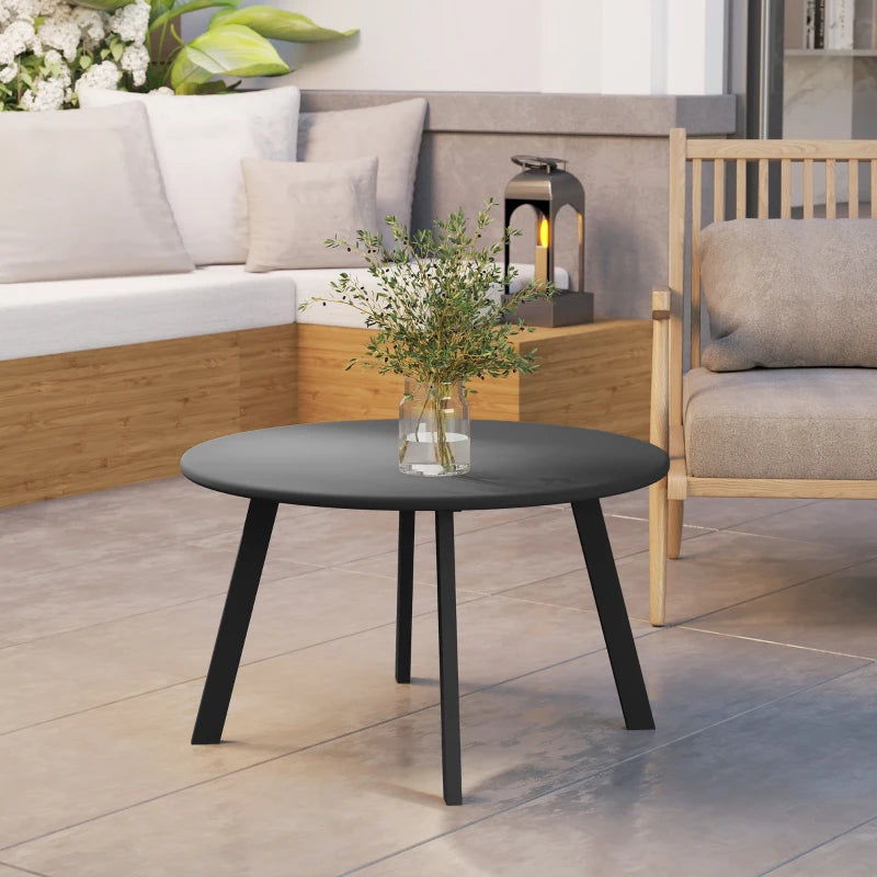 Round Outdoor Side Table, Patio Coffee Table with Metal Frame and Non-Slip Foot Pads, Black