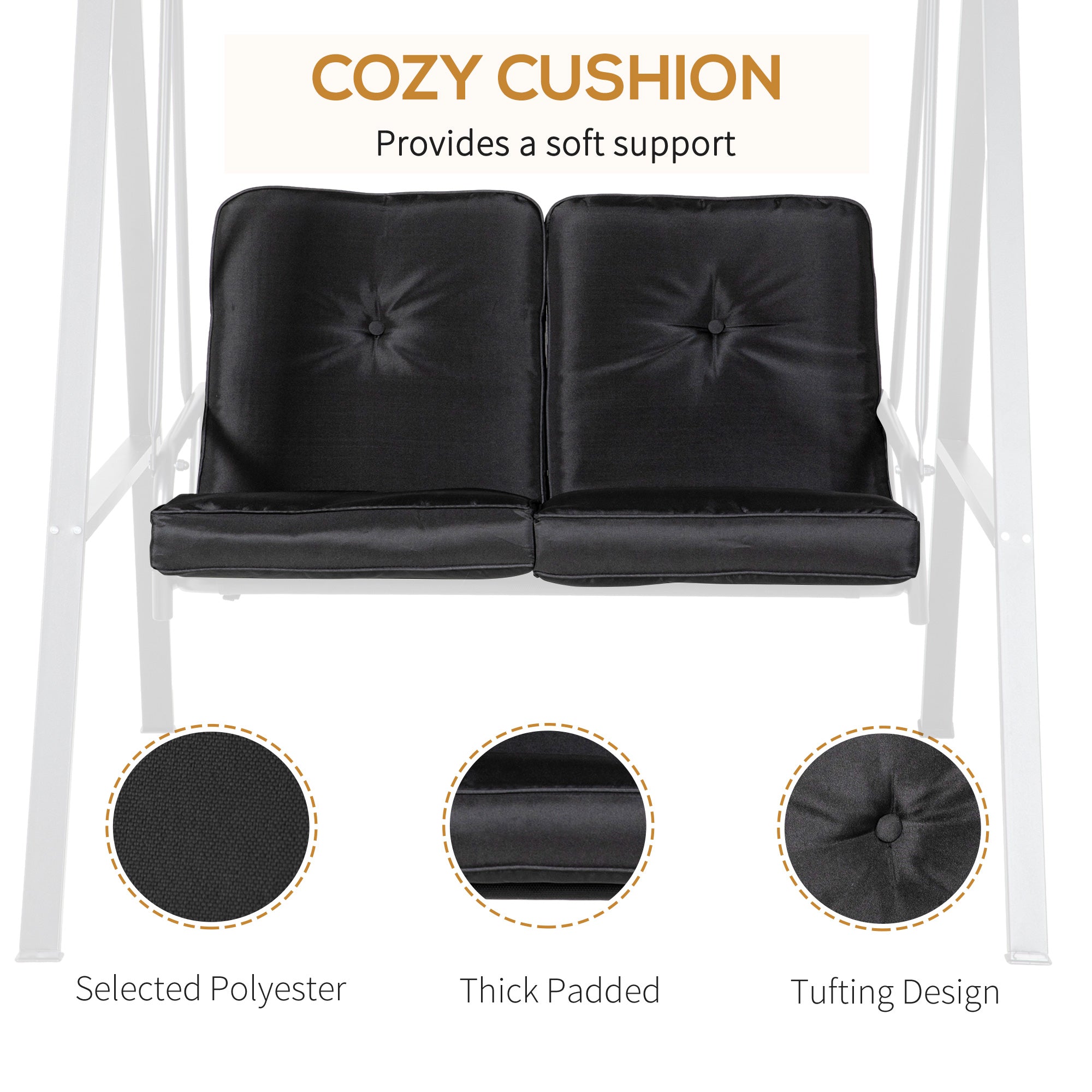 Outsunny Outdoor Porch Swing 2-Seater with Adjustable Canopy, Comfortable Patio Swing Chair for Garden, Poolside, Backyard in Black 