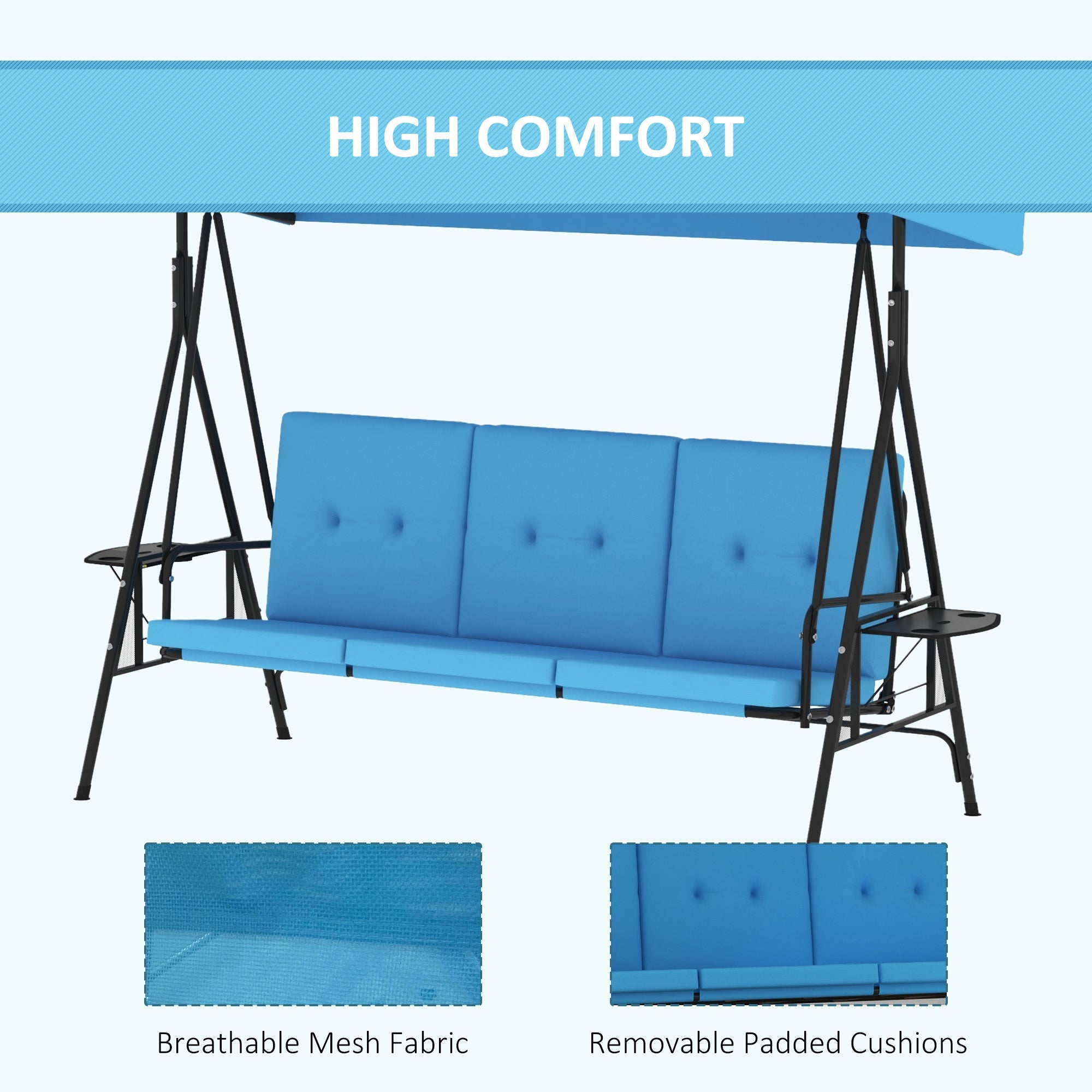 Outsunny 3-Seat Patio Swing with Adjustable Canopy & Side Tray, Outdoor Porch Swing, Removable Blue Cushion for Garden, Poolside 