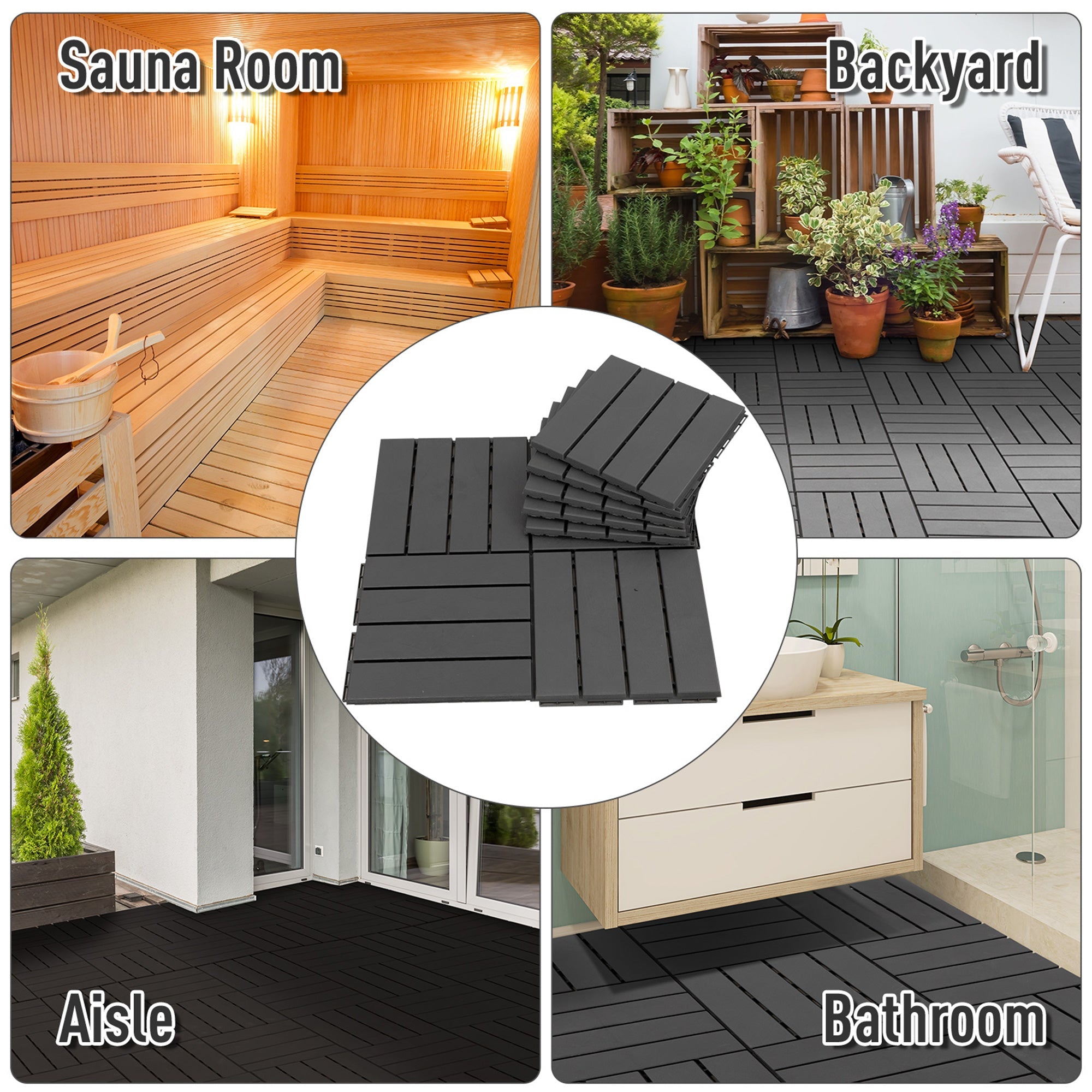 Outsunny 9 Pcs PP Interlocking Composite Deck Tile, 12" x 12" Outdoor Flooring Tiles for Indoor and Outdoor Use, Black 