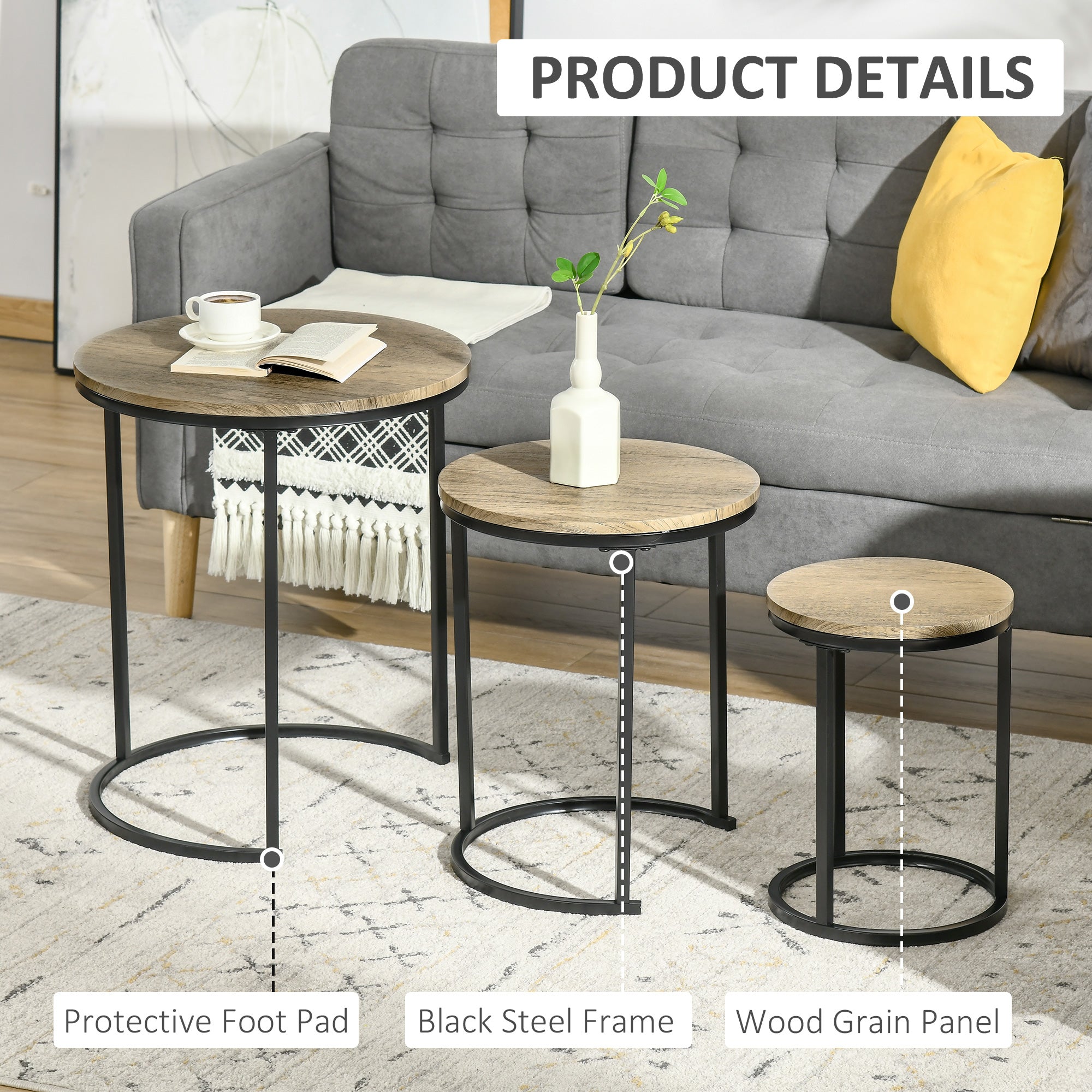 HOMCOM Modish Stacking Tables: Set of 3 Modern Nesting End Tables with Woodgrain Steel Frame for Living Room, Natural Wood 