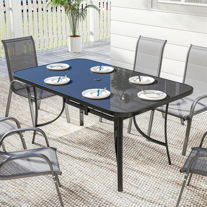 Outdoor Dining Table for 6 with Umbrella Hole, Metal Patio Dining Table with Tempered Glass Top