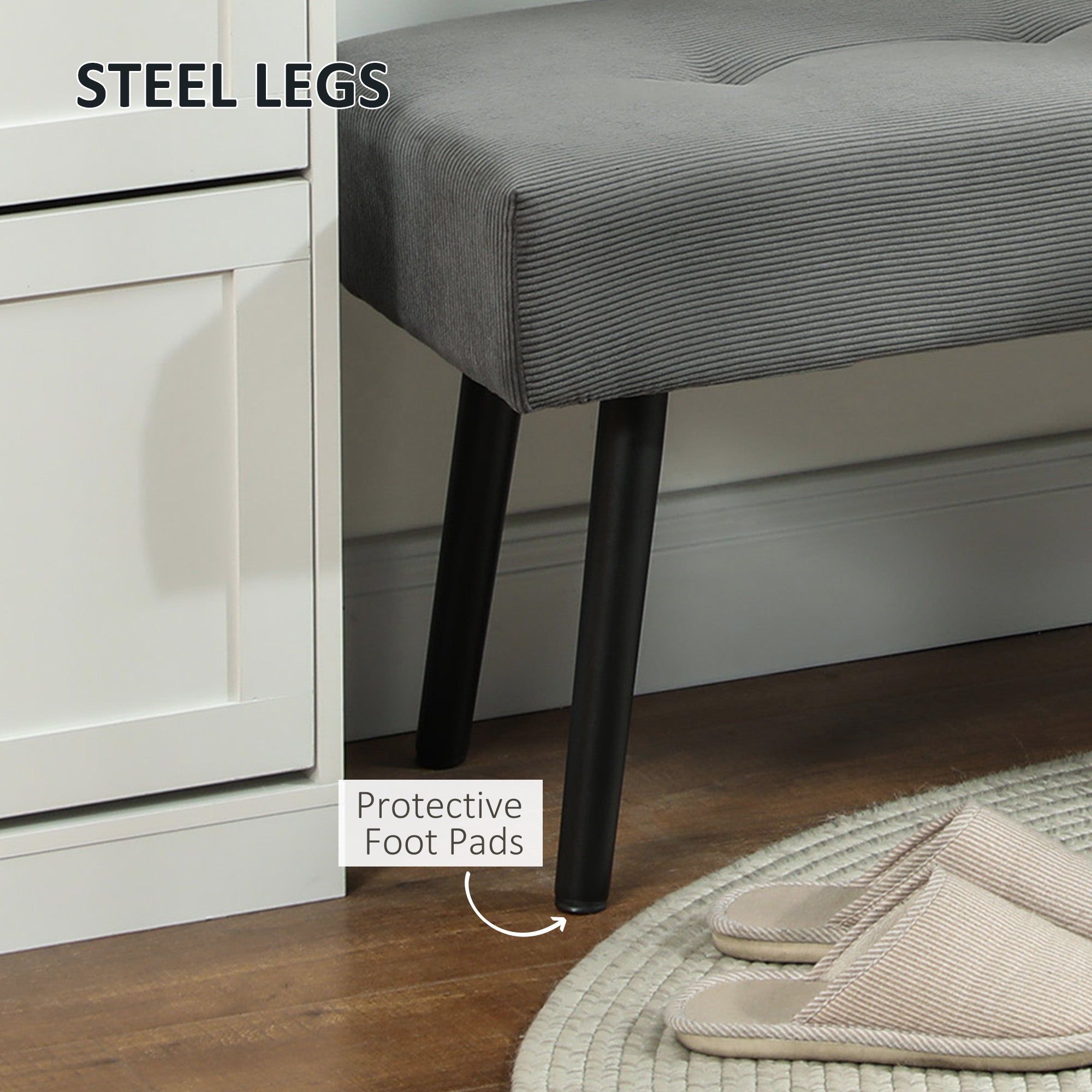 HOMCOM 39" Upholstered Ottoman Bench, Corduroy Entryway Bedroom Bench with Padded Seat and Steel Legs for Bedroom, Grey 