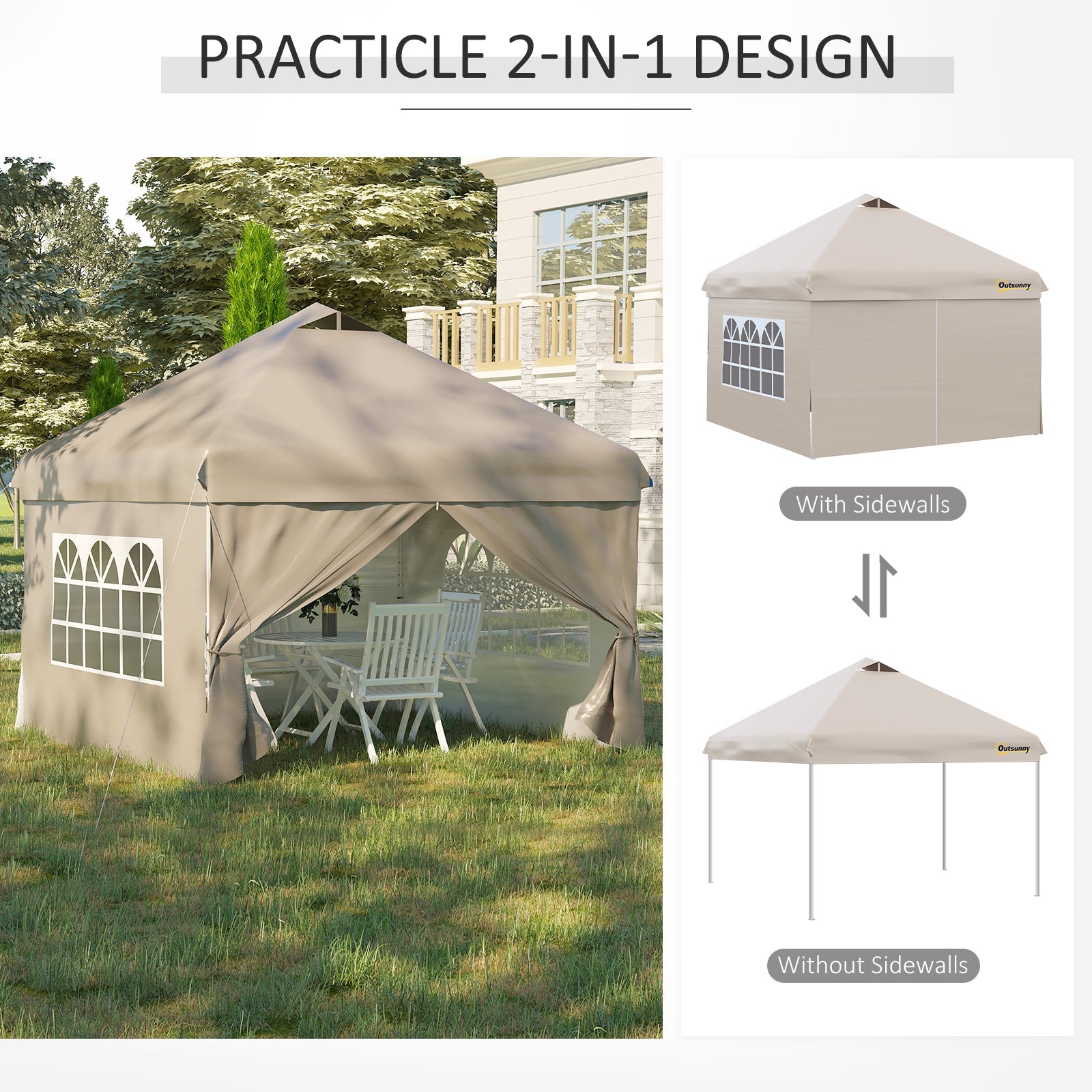 Outsunny 10' x 10' Pop Up Canopy Tent, Instant Shelter Tent with Sidewalls, Windows, Roller Bag and Sand Bags for Garden, Patio, Beige 