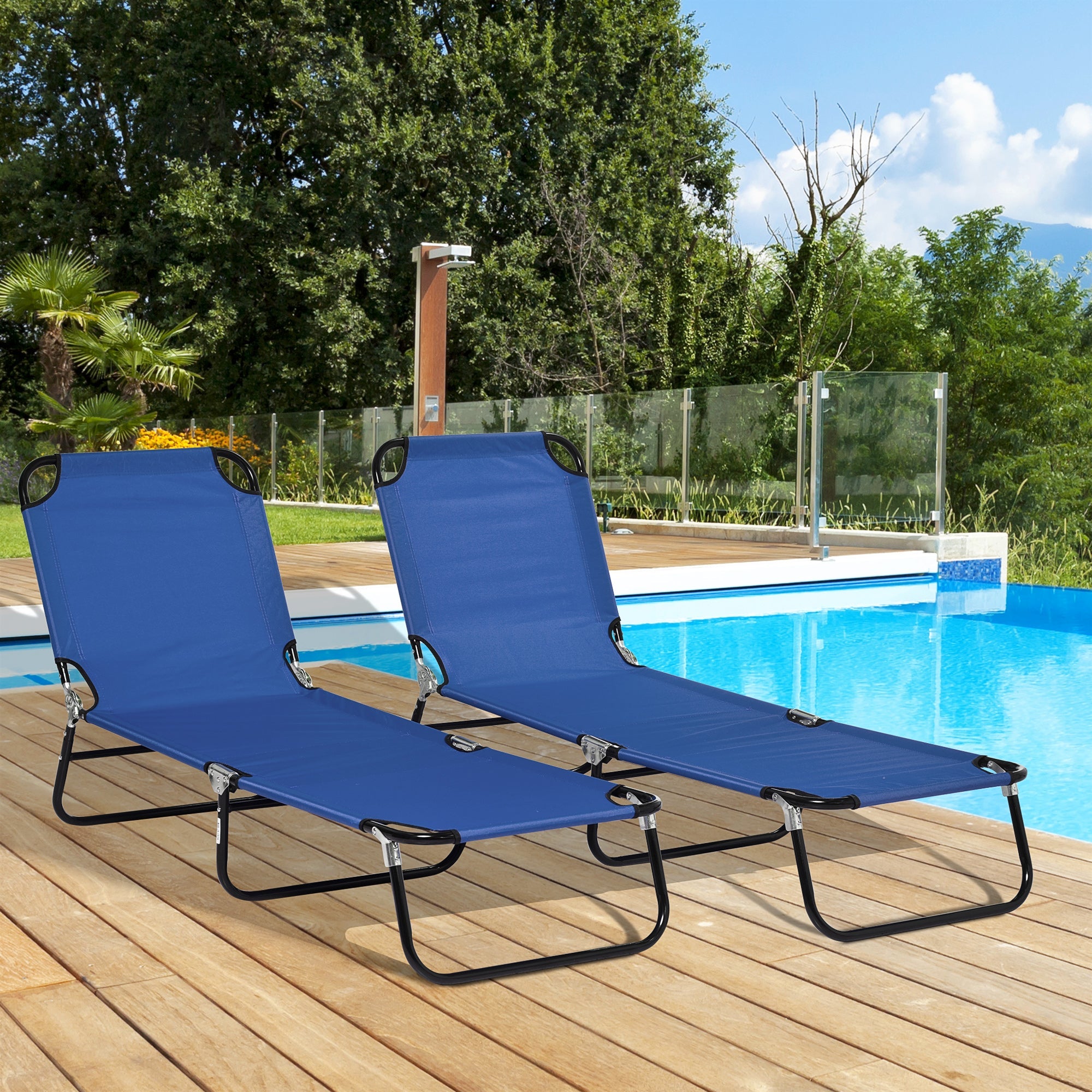 Outsunny Folding Outdoor Lounge Chair Set of 2 Sun Tanning Blue with Reclining Back Breathable Mesh Beach Patio 