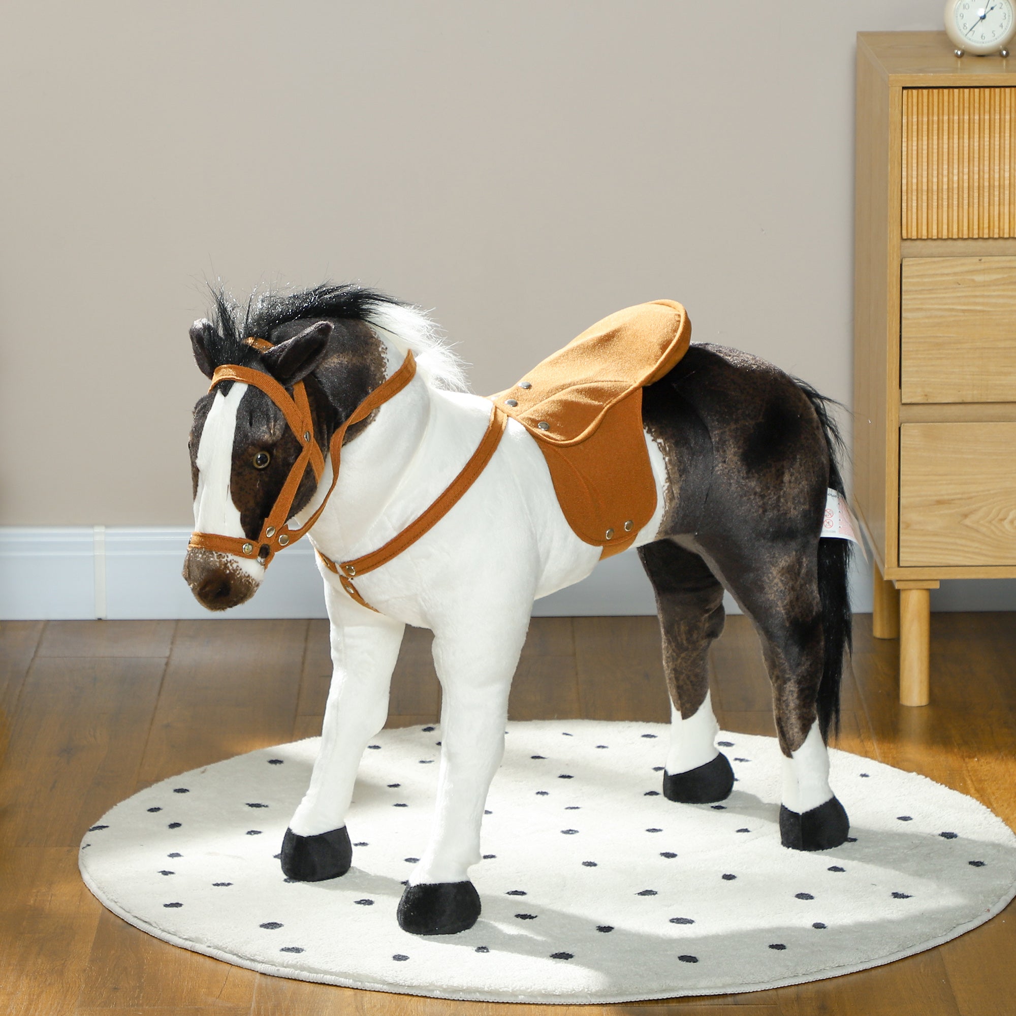 Qaba Standing Ride on Horse, Plush Pony Toy for Kids with Neighing Sound, Soft Padding, for Aged 3-8, Brown 