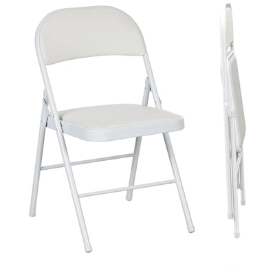 HOMCOM Set of 2 Metal Foldable Chairs, PU Leather Padded Folding Chairs with Cushion Seat and Open Back for Indoor, White 