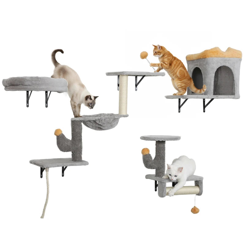 Cat Wall Shelves, 4 Pcs Cat Wall Furniture Set with Scratching Posts, Condo, Hammock, Perchs, Light Grey