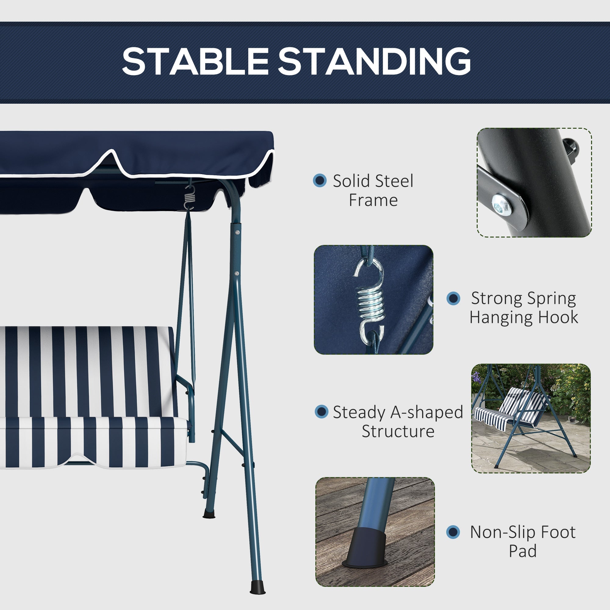 Outsunny 3-Seater Outdoor Porch Swing with Adjustable Canopy, Patio Swing Chair for Garden, Poolside, Backyard, Blue and White 