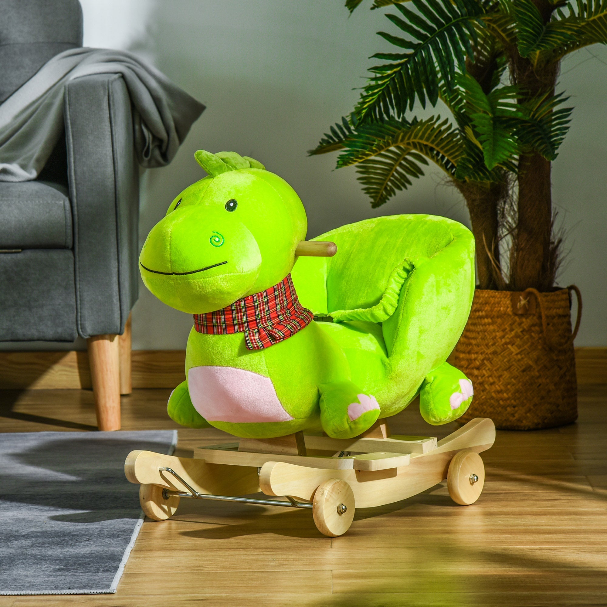 Qaba 2-in-1 Plush Ride-On Rocking Dinosaur Stroller with Nursery Rhymes Green for 18+ Months 
