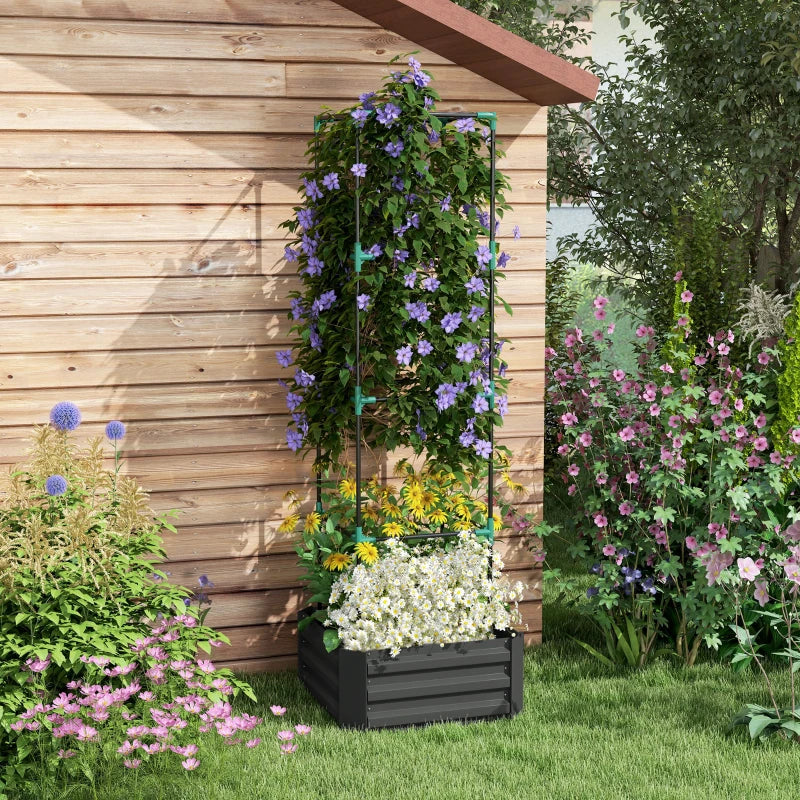 Galvanized Planter Box, Outdoor Raised Garden Bed with 4-Tier Trellis Tomato Cage for Climbing Vines, Vegetables, Grey