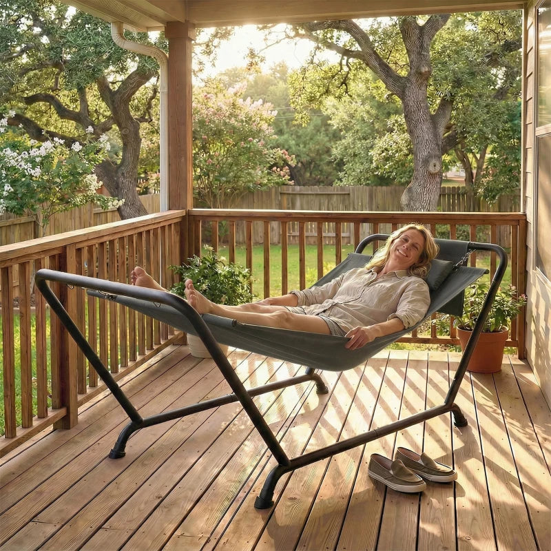 Outdoor Hammock with Stand Heavy Duty Freestanding Nap Bed with Side Pocket Headrest for Yard Patio Pool, Dark Grey
