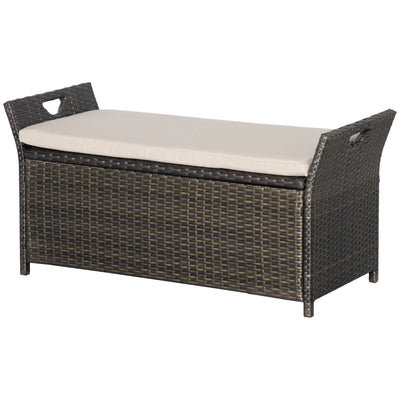 Outsunny 2-In-1 Outdoor PE Rattan Storage Bench, 27 Gallon Patio Wicker Furniture, Basket Box with Handles and Cushion Cream 