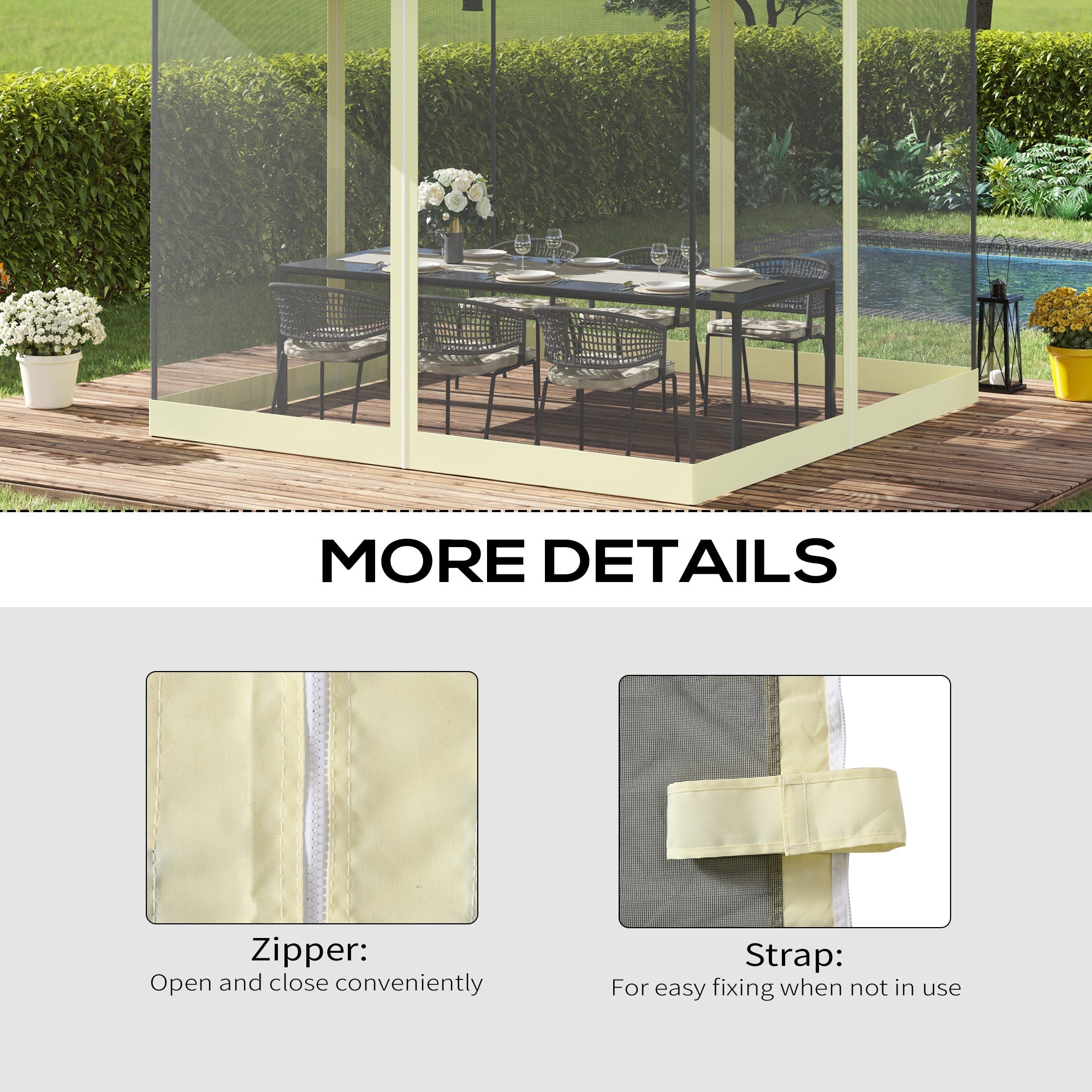 Outsunny 10x10 Gazebo Curtain Replacement Universal Mesh Sidewall Netting with Zippers & C-Rings in Beige 