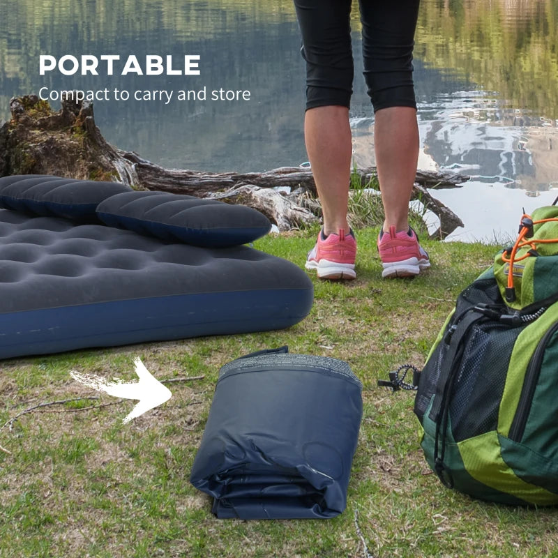 Queen Size Air Mattress Camping Air Bed with 2 Pillows and Hand Pump, Blue
