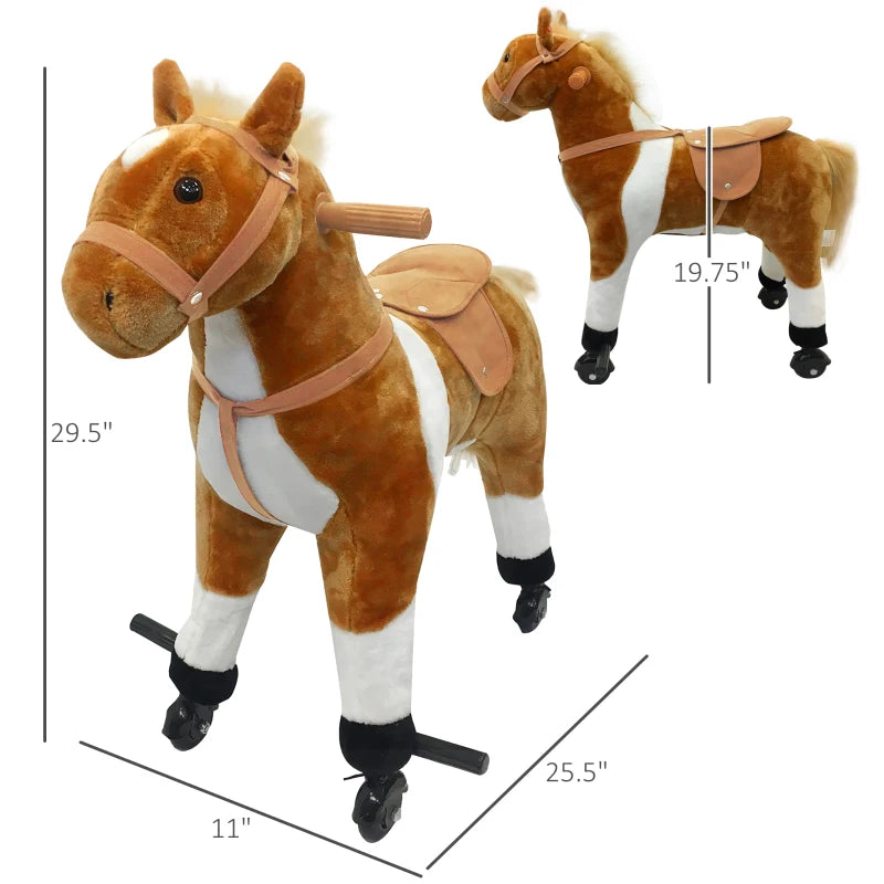 Qaba Kids Rocking Horse, Large Walking  Ride on Toy  for Toddlers 3 year old, Baby Plush Animal Rocker with Sound and Wheel, Brown