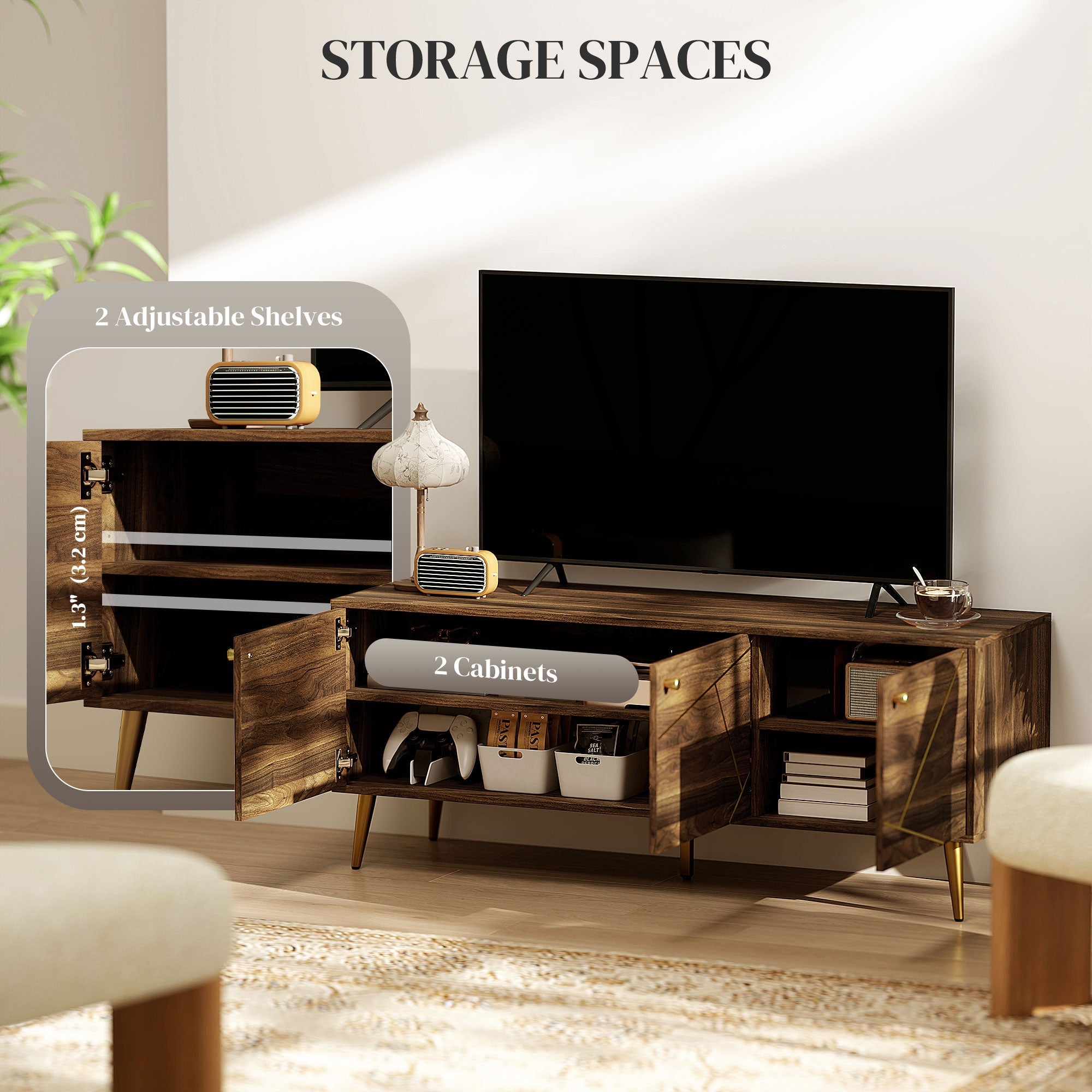HOMCOM Modern TV Stand for up to 60" TV, TV Cabinet with Adjustable Shelves, Cable Management for Living Room, Rustic Brown 