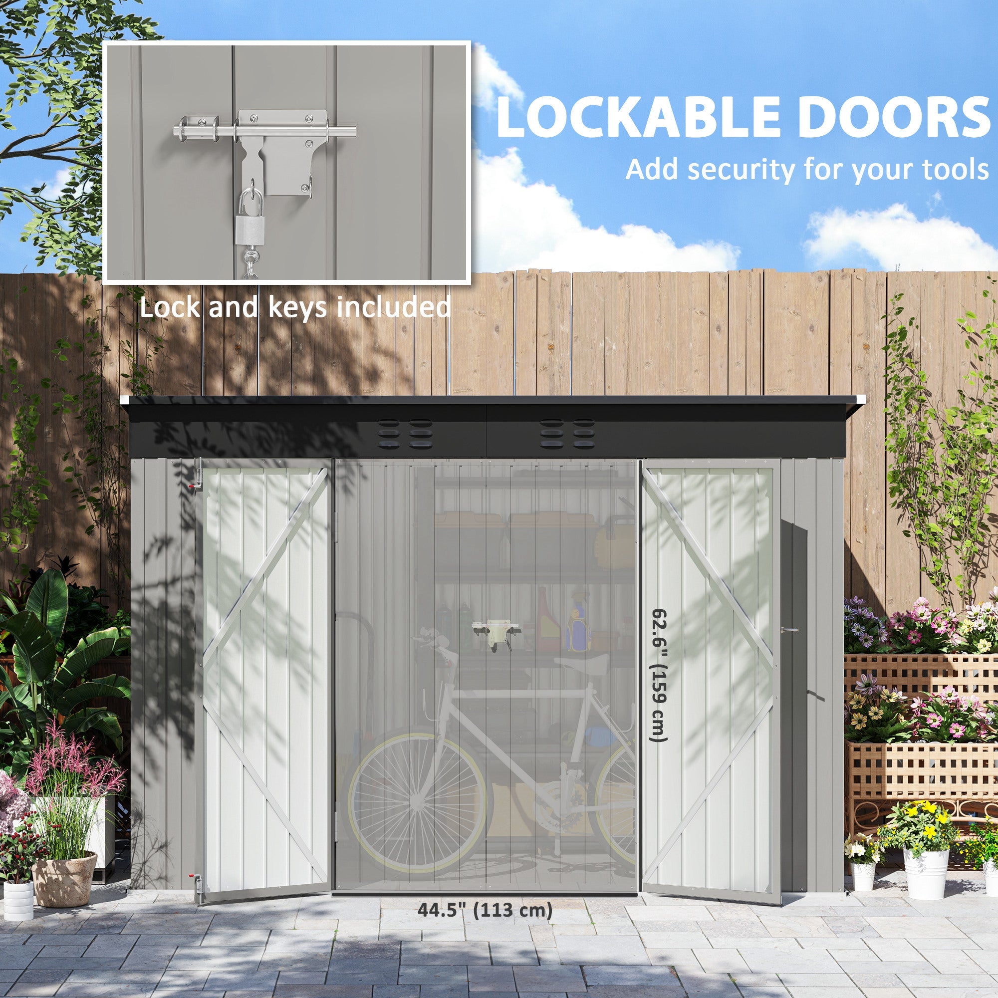 Outsunny 9' x 4' Galvanized Steel Garden Storage Shed with Lockable Doors, Gloves and 2 Air Vents for Backyard, Patio, Lawn 