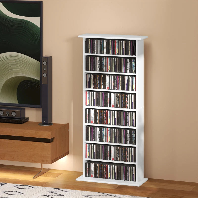 8-Tier DVD Shelf with 6 Adjustable Shelves, Slim CD Shelf, Holds 360 CDs, 185 DVDs or 185 Blu-rays, White