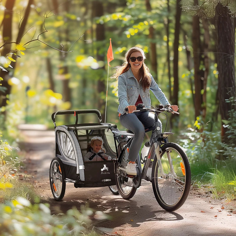 Aosom 2 Seat Bike Trailer for Kids 2-in-1 Baby Stroller with Handbrake, Rubber Wheels, 5 Point Harness, Reflectors, Grey