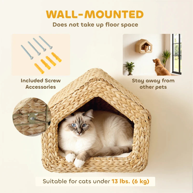 Cat Wall Shelf, Wall Mounted Cat House with Washable Cushion, Kitty Shelf Furniture for Indoor Kittens, Natural