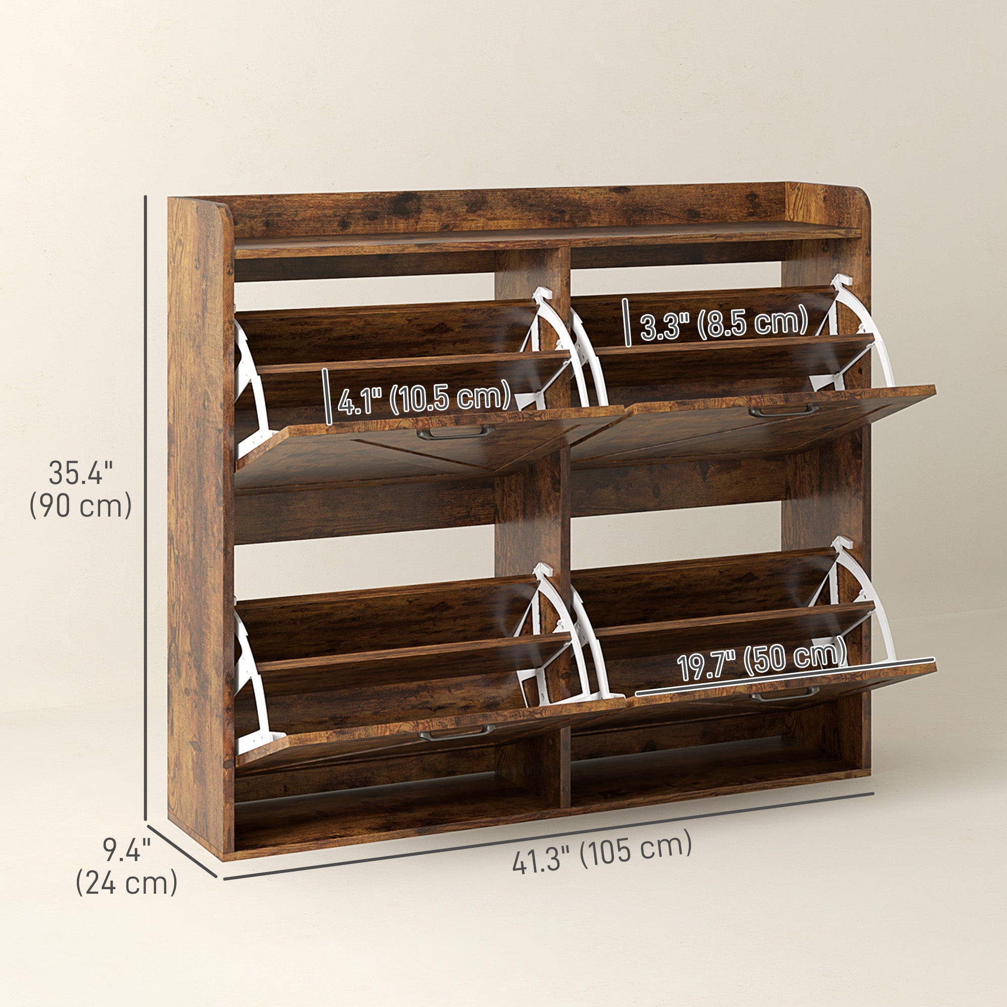 HOMCOM Narrow Shoe Storage Cabinet with 4 Flip Drawers, Adjustable Shelves, 16 Pair Farmhouse Shoe Cabinet, Rustic Brown 
