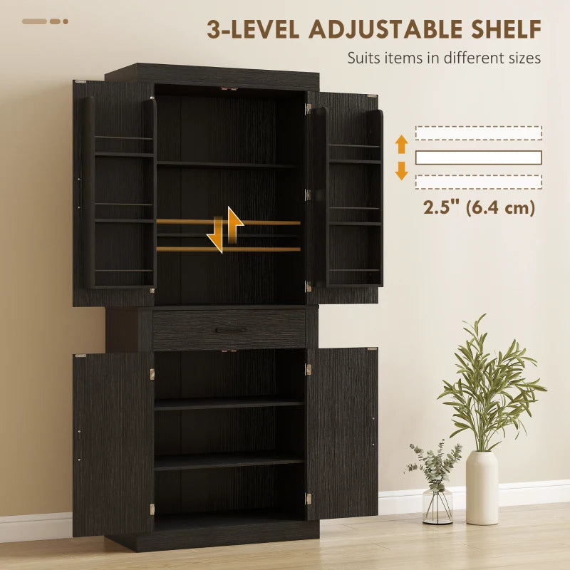 72" Kitchen Pantry Cabinet, Farmhouse Kitchen Storage Cabinet with 4 Barn Doors, 6 Door Shelves, Drawer, Black