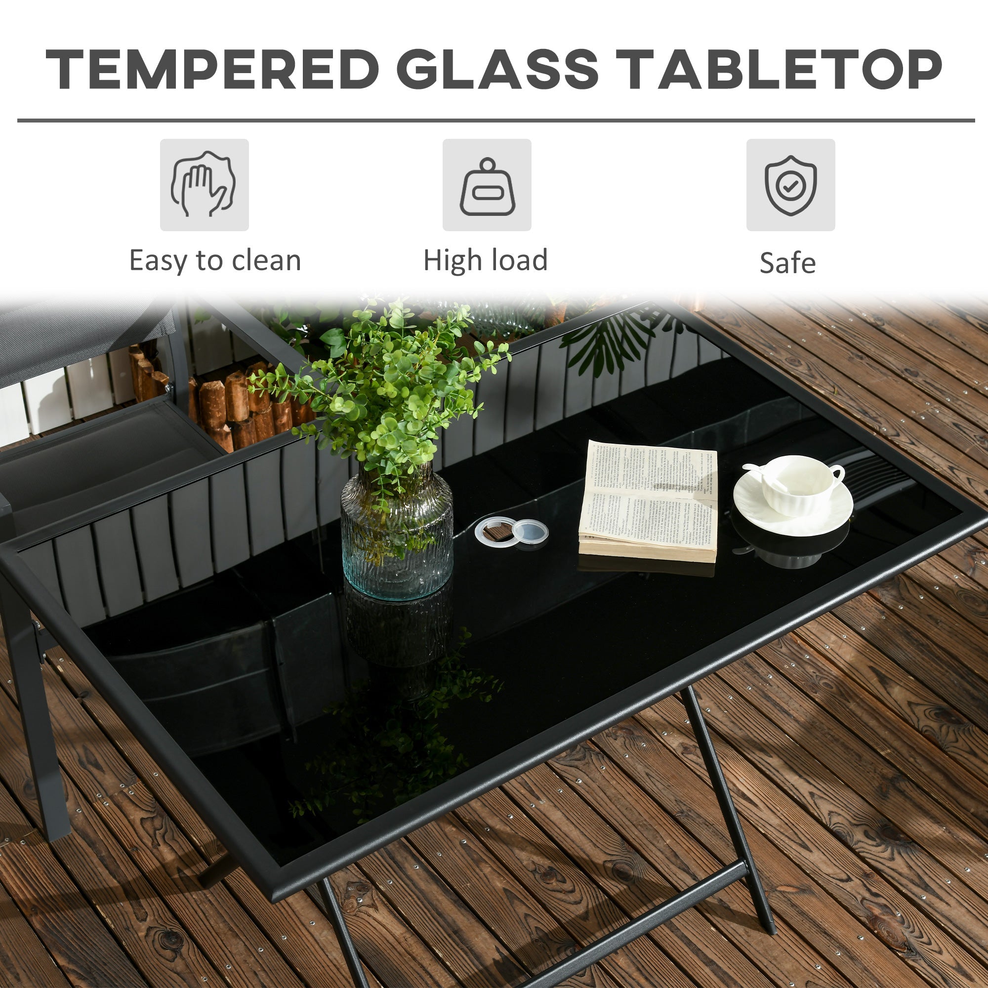 Outsunny Folding Patio Dining Table for 6 Rectangle Glass Outdoor Table Umbrella Hole Garden Lawn Backyard 