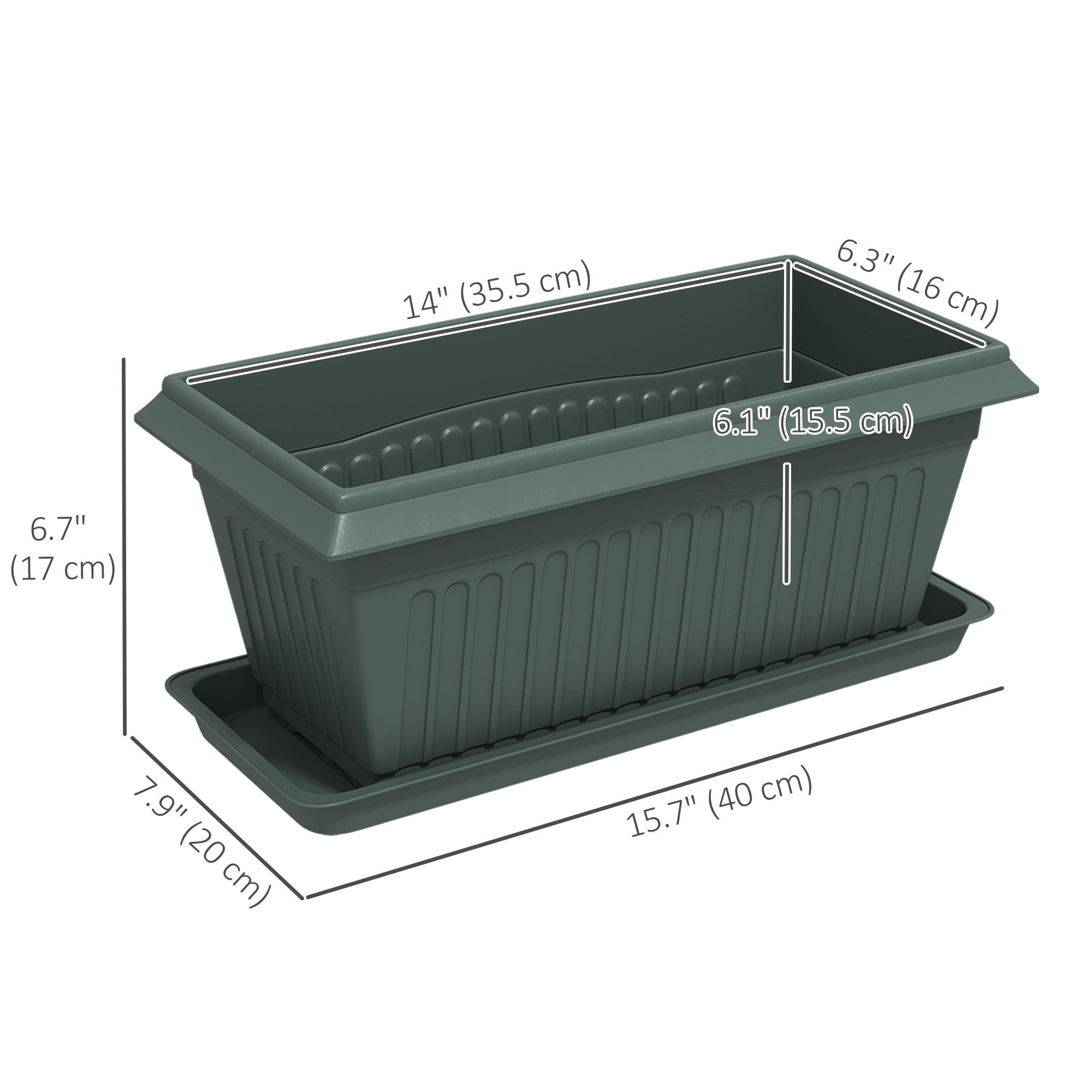 Outsunny 7 Pack 15.7" Plastic Flower Planters with Drainage Holes and Trays, Plant Pots for Indoor Outdoor Plants, Green 