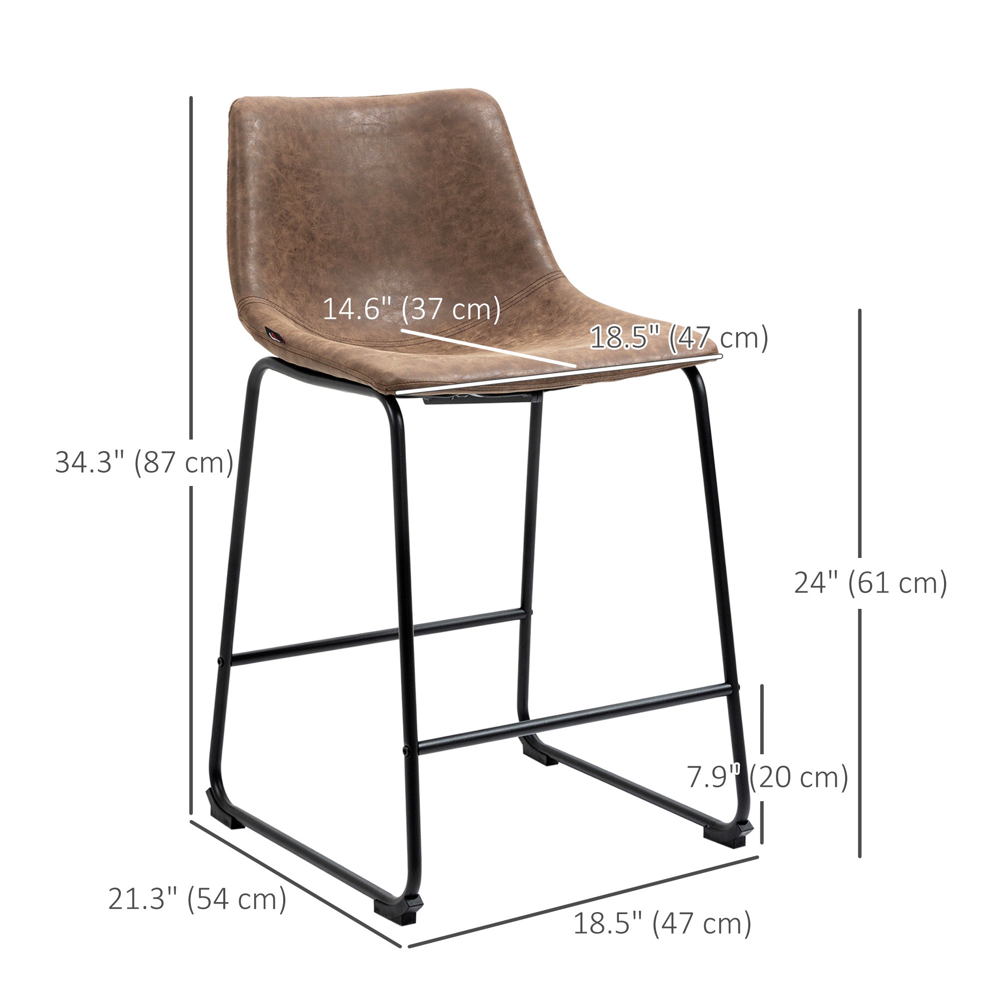 HOMCOM Classic Comfort: Set of 2 Counter Height Bar Stools, PU Leather with Footrest, Brown Hue for Kitchen or Home Bar 