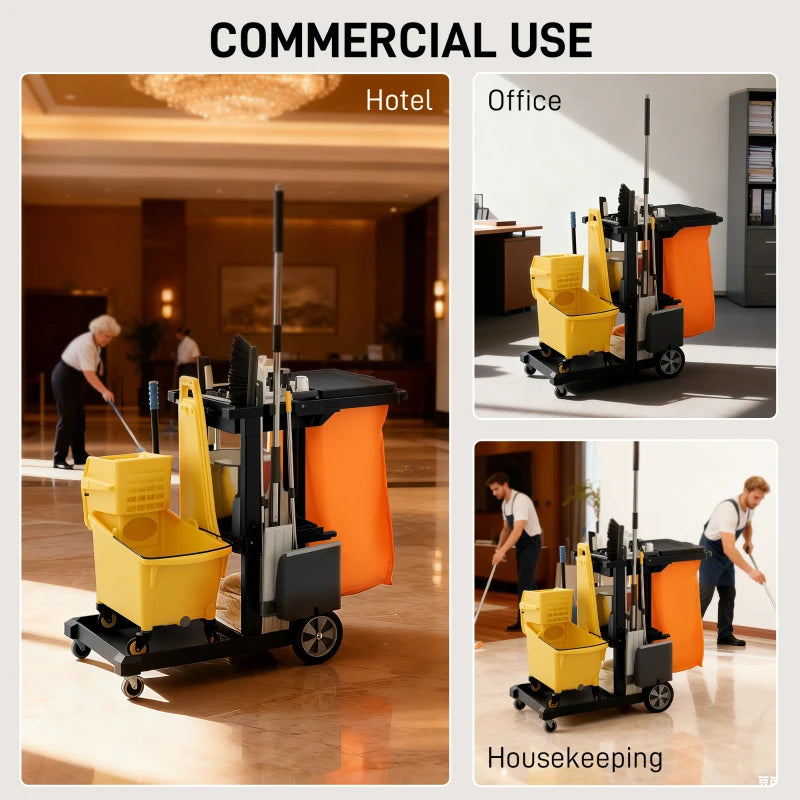 Commercial Janitorial Cart with 3 Tier Shelves, Cleaning Cart with Rubbish Bag and Mop Mount for Hotel Restaurant, Grey