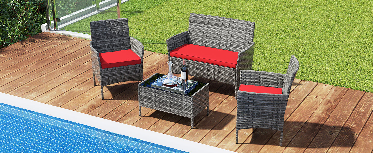 4-Piece Patio Rattan Conversation Set with Tempered Glass Coffee Table – Red or Turquoise Cushions