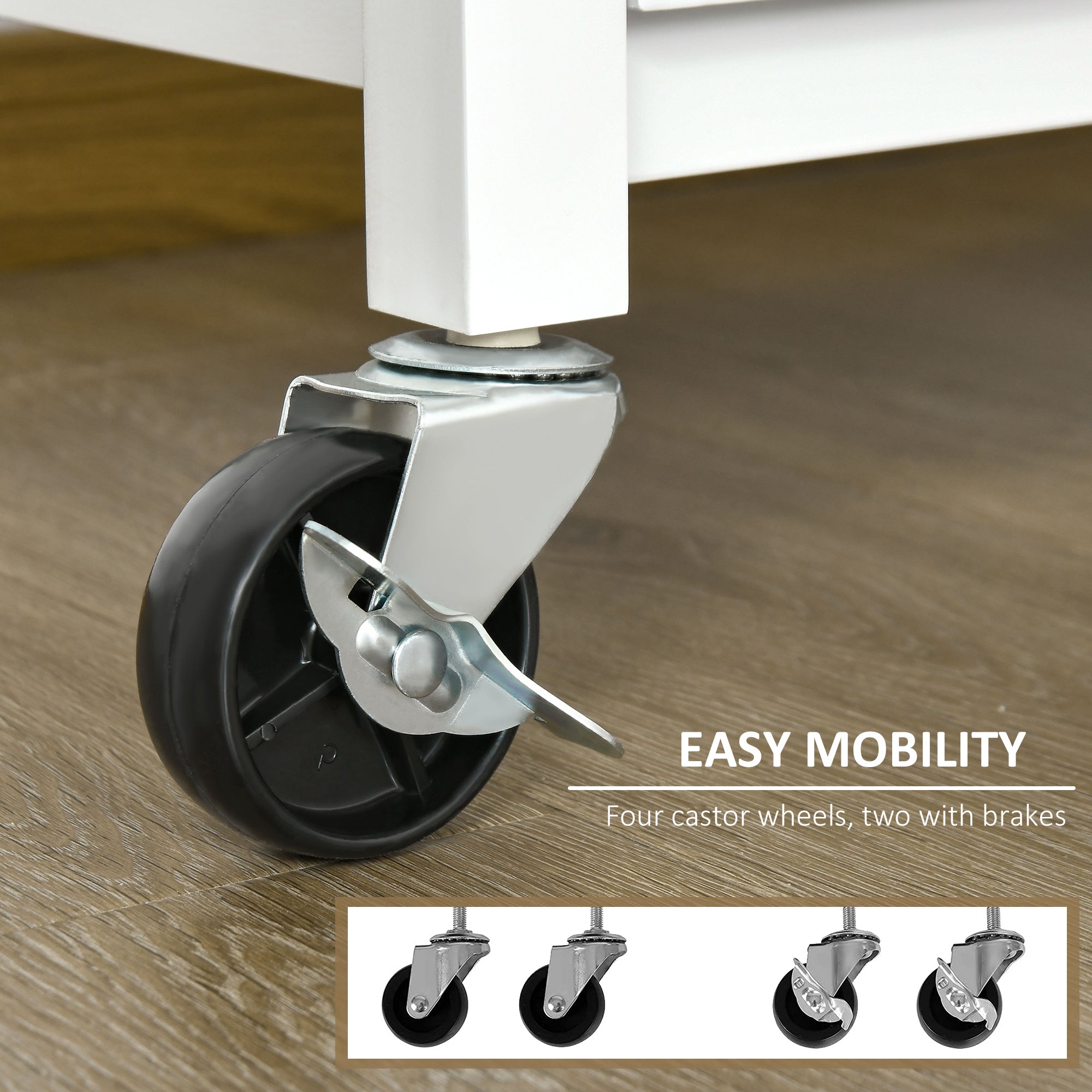 HOMCOM White Mobile Utility Trolley: Kitchen Island Cart with Drawer, Side Hooks & Dining Room Storage 