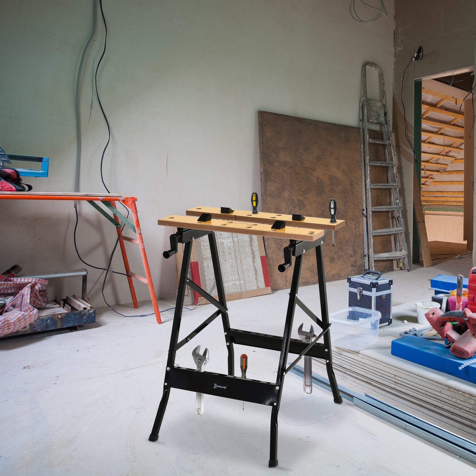 DURHAND Versatile Workstation: Adjustable MDF Work Bench, Foldable Carpenter Saw Table, Steel Frame, 220lbs Capacity 