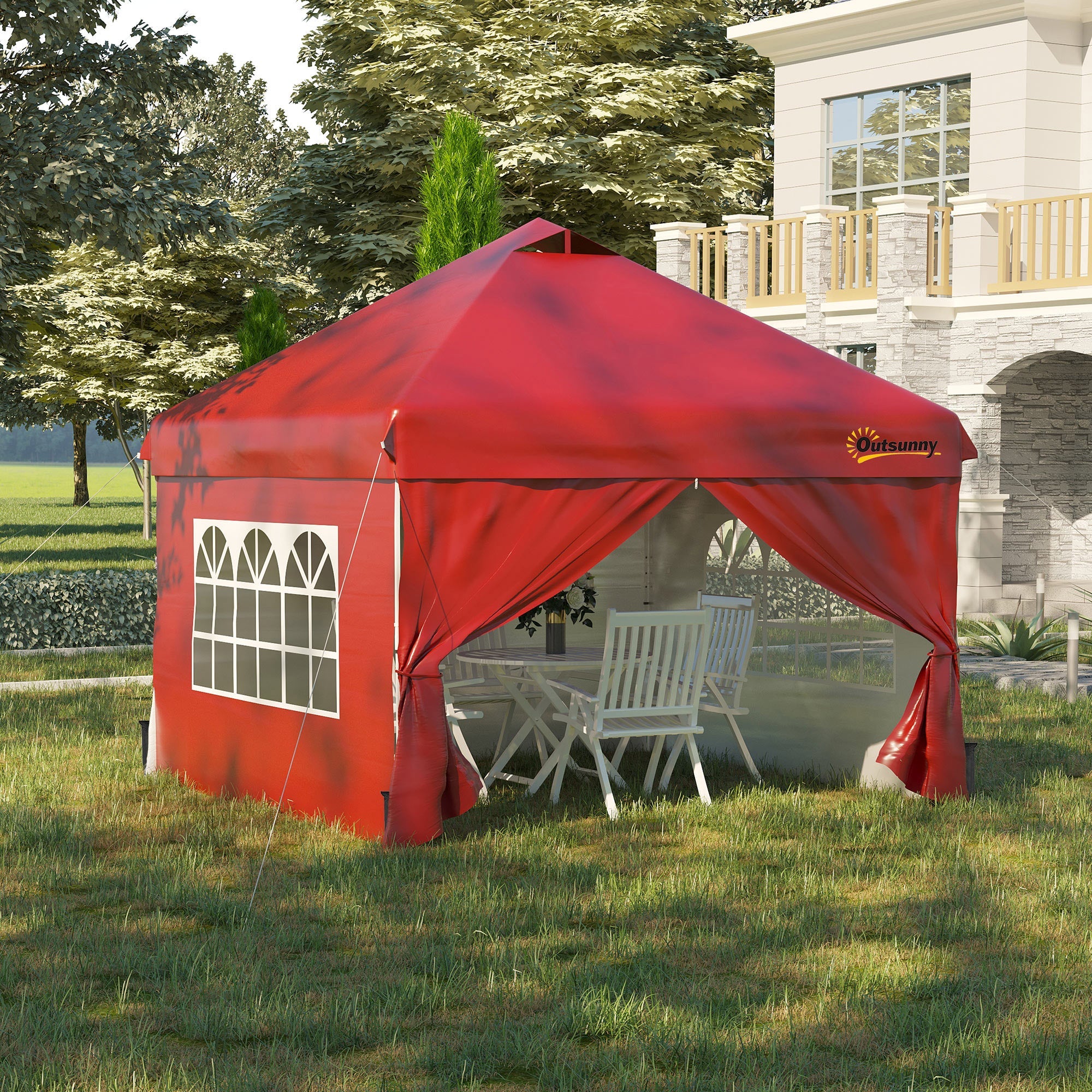 Outsunny 10' x 10' Pop Up Canopy Tent, Instant Shelter Tent with Sidewalls, Windows, Roller Bag and Sand Bags for Garden, Patio, Red 