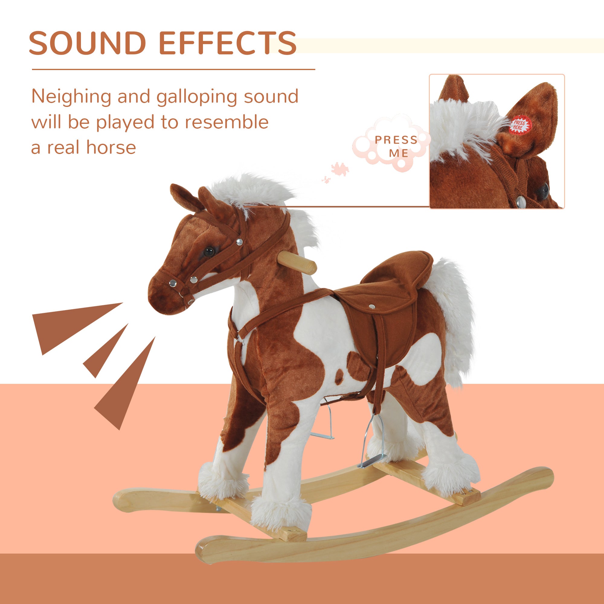 Qaba Kids Metal Plush Ride-On Rocking Horse Chair Toy w/ Nursery Rhyme Music - Light Brown / White 