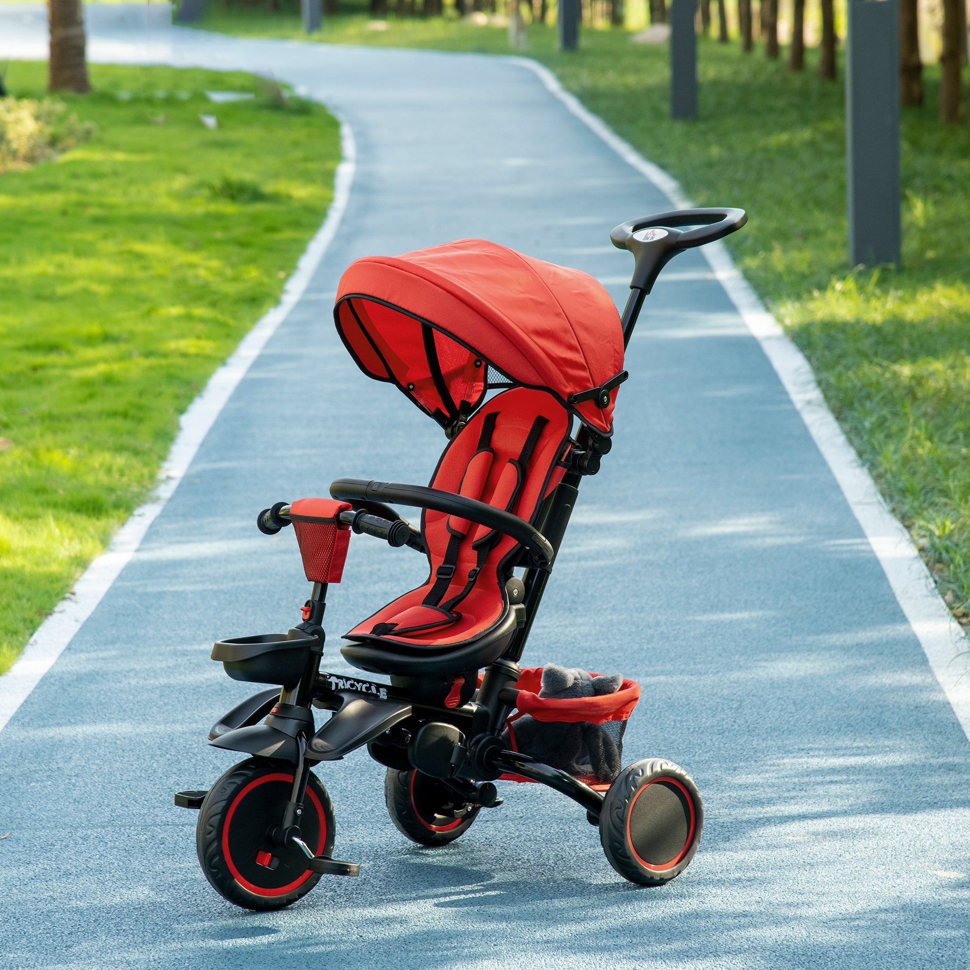 Aosom 6-in-1 Toddler Tricycle, Kids Trike with Rotatable Seat, Adjustable Push Handle, Safety Harness, Detachable Canopy, Red 