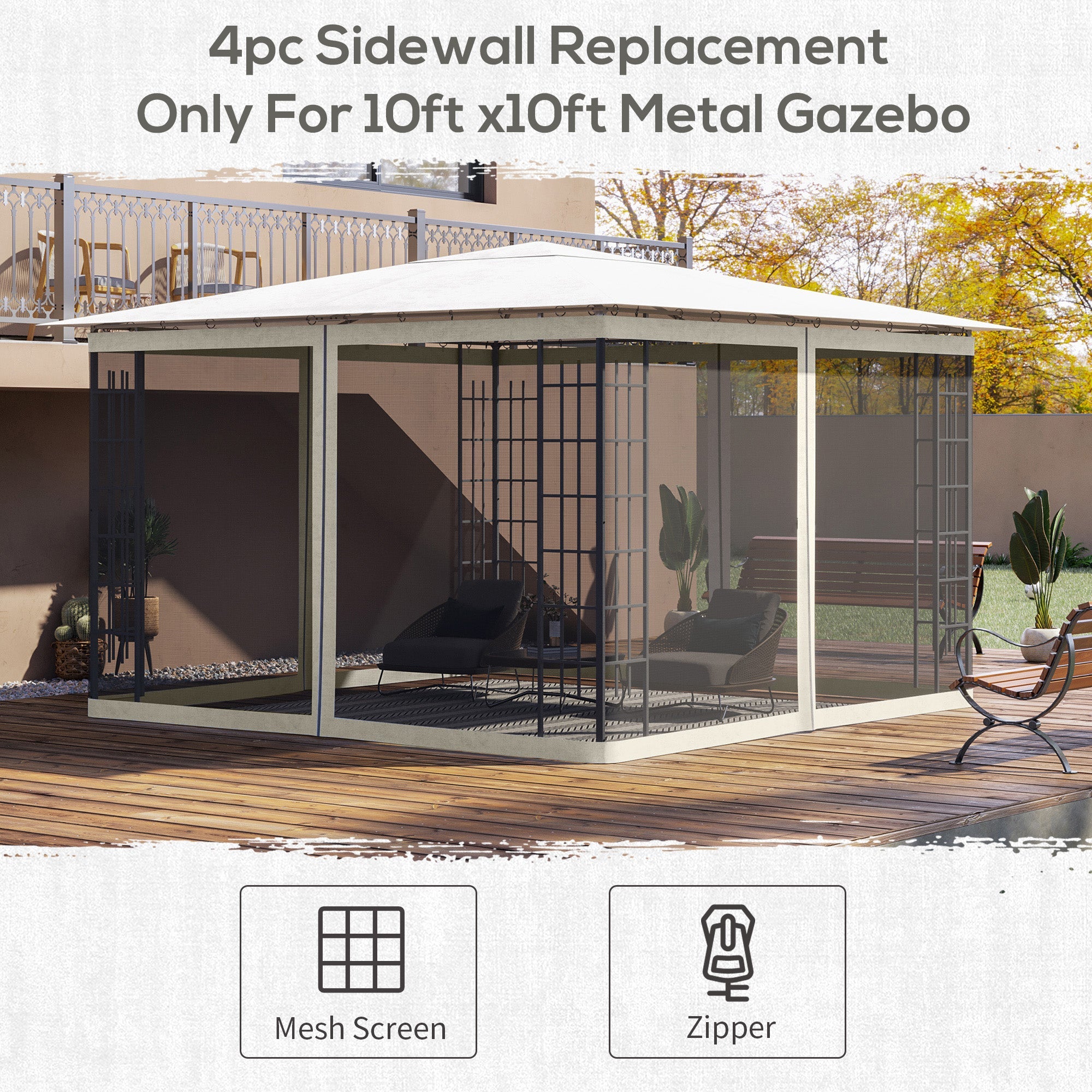 Outsunny Replacement Mosquito Netting for Gazebo 10' x 12' Black Screen Walls for Canopy with Zippers, White 