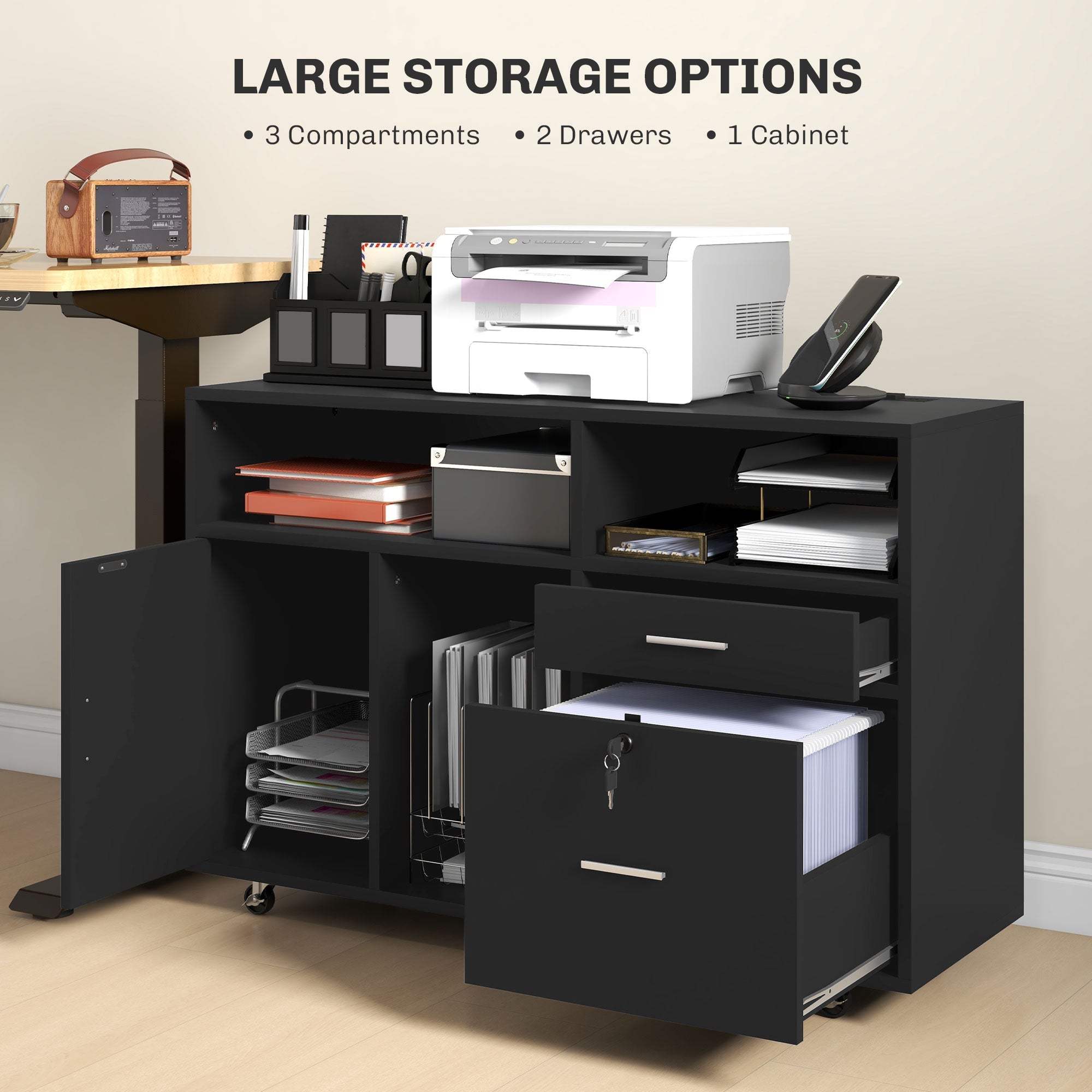 HOMCOM Mobile Printer Stand Charging Station USB Ports Locking Filing Cabinet for A4 Letter Black 