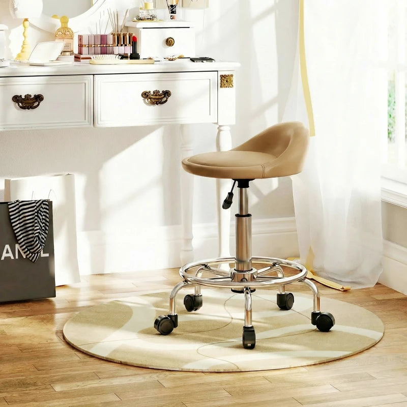PU Leather Rolling Stool, Height Adjustable Swivel Salon Chair with Backrest and Foot Rest for Spa, Tattoo, Light Brown