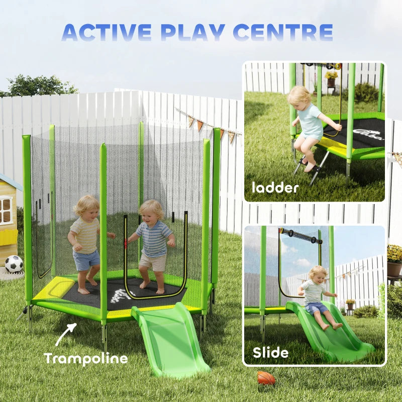 Qaba 85" Trampoline for Kids with Safety Enclosure, Toddler Trampoline with Slide Ladder for Ages 3+, Green