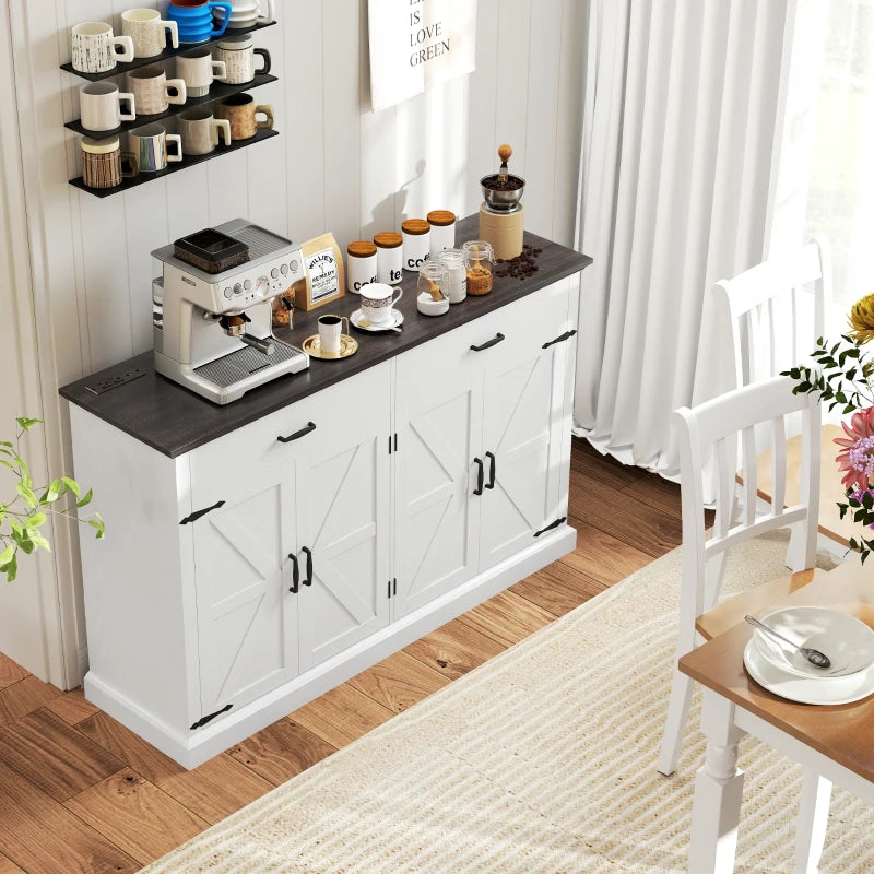55" Buffet Cabinet, Farmhouse Sideboard with 1.2" Thick Top, 4 Barn Doors, 2 Drawers and 2 Adjustable Shelves, White